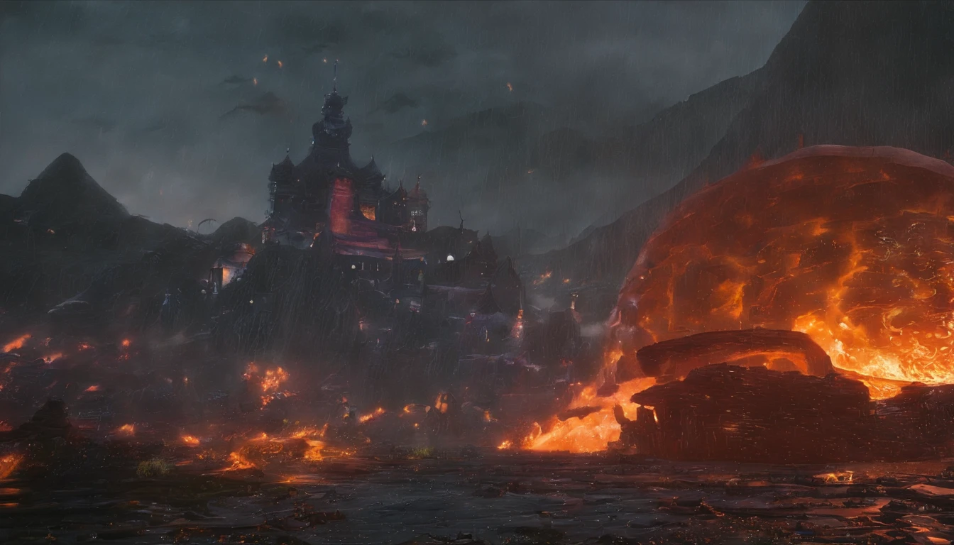 In heavy rain，（（A huge castle complex，Ancient square-topped stones burned in the fire））The picture quality is excellent，Lightning，Yellow light fog，电影灯光，Natural, Realistic colors，Full composition，The style refers to Van Gogh，Subject content，Burning wooden ancient domed stone monolith game scene 1：60 miniatures，Lightning and lightning，Agate glass texture 32K（tmasterpiece，k hd，hyper HD，32K）Long flowing bright orange hair，Autumn Pond，zydink， a color， Asian people （Kizi）， （Red scarf）， Combat posture， looking at the ground， long whitr hair， Floating bright orange， Fire cloud pattern gold tiara， Chinese long-sleeved gold silk garment， （abstract ink splash：1.2）， white backgrounid，Lotus protector（realisticlying：1.4），Bright purple hair，Smoke on the road，The background is pure， A high resolution， the detail， RAW photogr， Sharp Re， Nikon D850 Film Stock Photo by Jefferies Lee 4 Kodak Portra 400 Camera F1.6 shots, Rich colors, ultra-realistic vivid textures, Dramatic lighting, Unreal Engine Art Station Trend, cinestir 800，Long flowing bright orange hair
