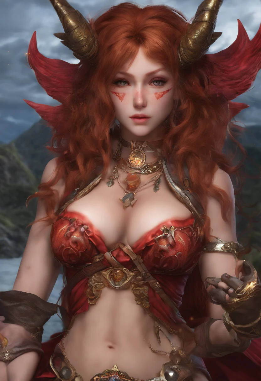 (masterpiece, best quality:1.3) WowAlexstrasza, 1girl, solo, long hair, breasts, looking at viewer, red eyes, thighhighs, gloves, jewelry, huge breasts, thighs, earrings, horns, sky, day, elbow gloves, cloud, armor, blue sky, lips, orange eyes, glowing, thick thighs, looking down, from below, glowing eyes, pelvic curtain, colored sclera, dragon horns, dragon girl, horn ornament, dragoness, nipples, vagina