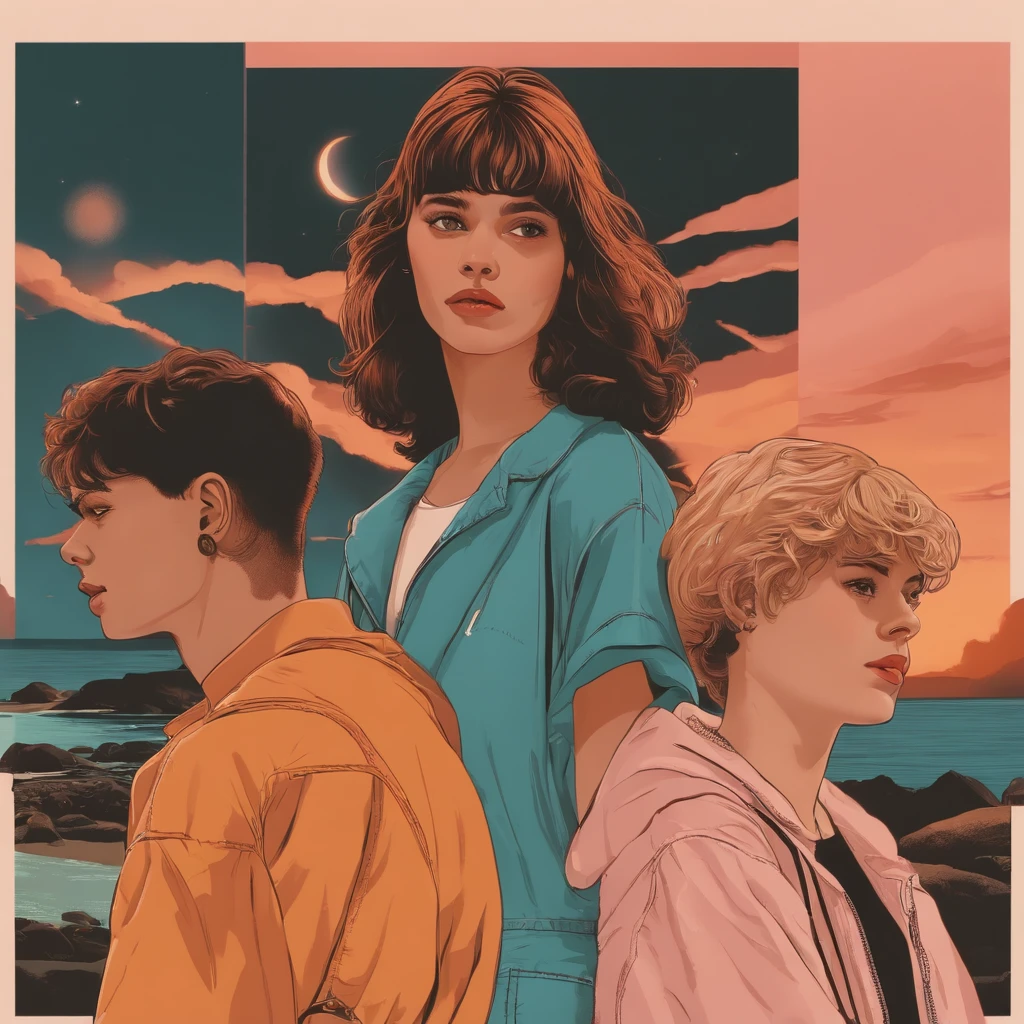 Posters inspired by the aesthetics of the 90s, including anime of three young people , com malas de dinheiro ao seu redor , Arcada, Nostalgic colors