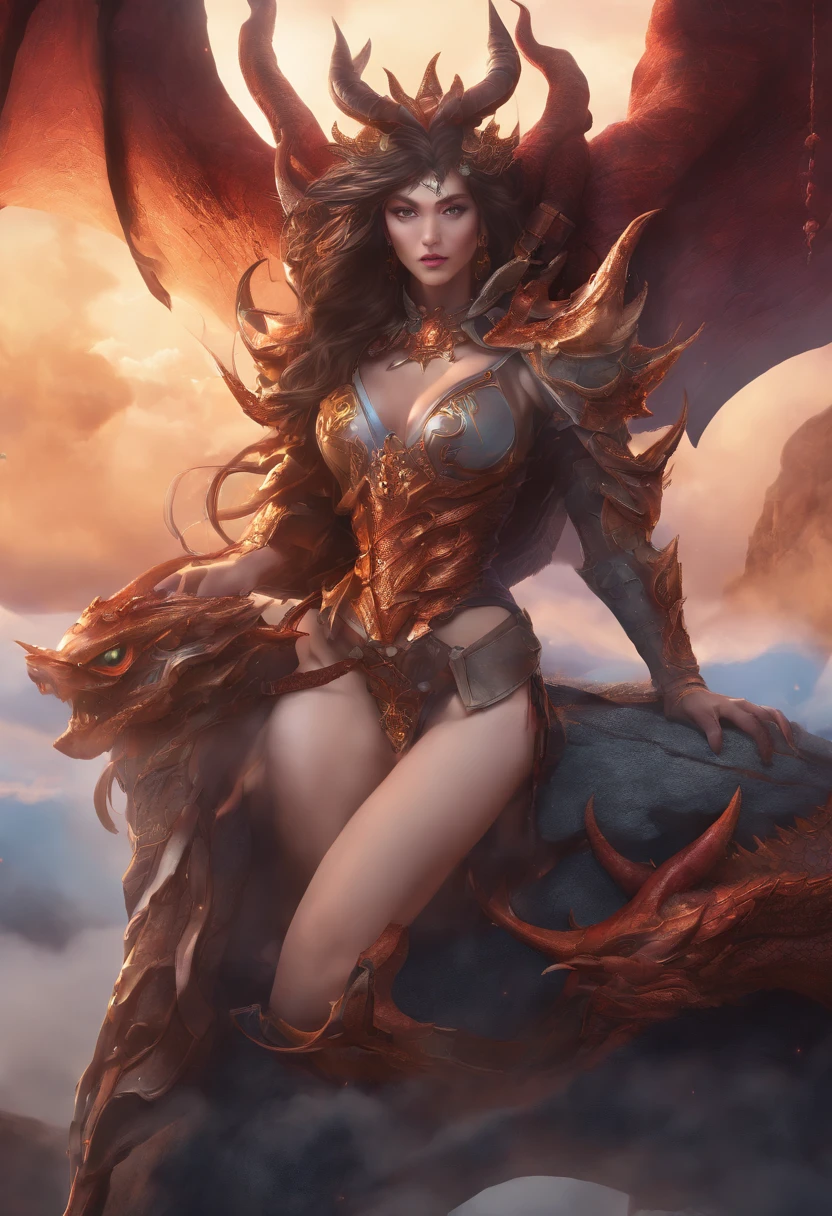 (masterpiece, best quality:1.3) WowAlexstrasza, 1girl, solo, long hair, breasts, looking at viewer, red eyes, thighhighs, gloves, jewelry, huge breasts, thighs, earrings, horns, sky, day, elbow gloves, cloud, armor, blue sky, lips, orange eyes, glowing, thick thighs, looking down, from below, glowing eyes, pelvic curtain, colored sclera, dragon horns, dragon girl, horn ornament, dragoness, nipples, vagina