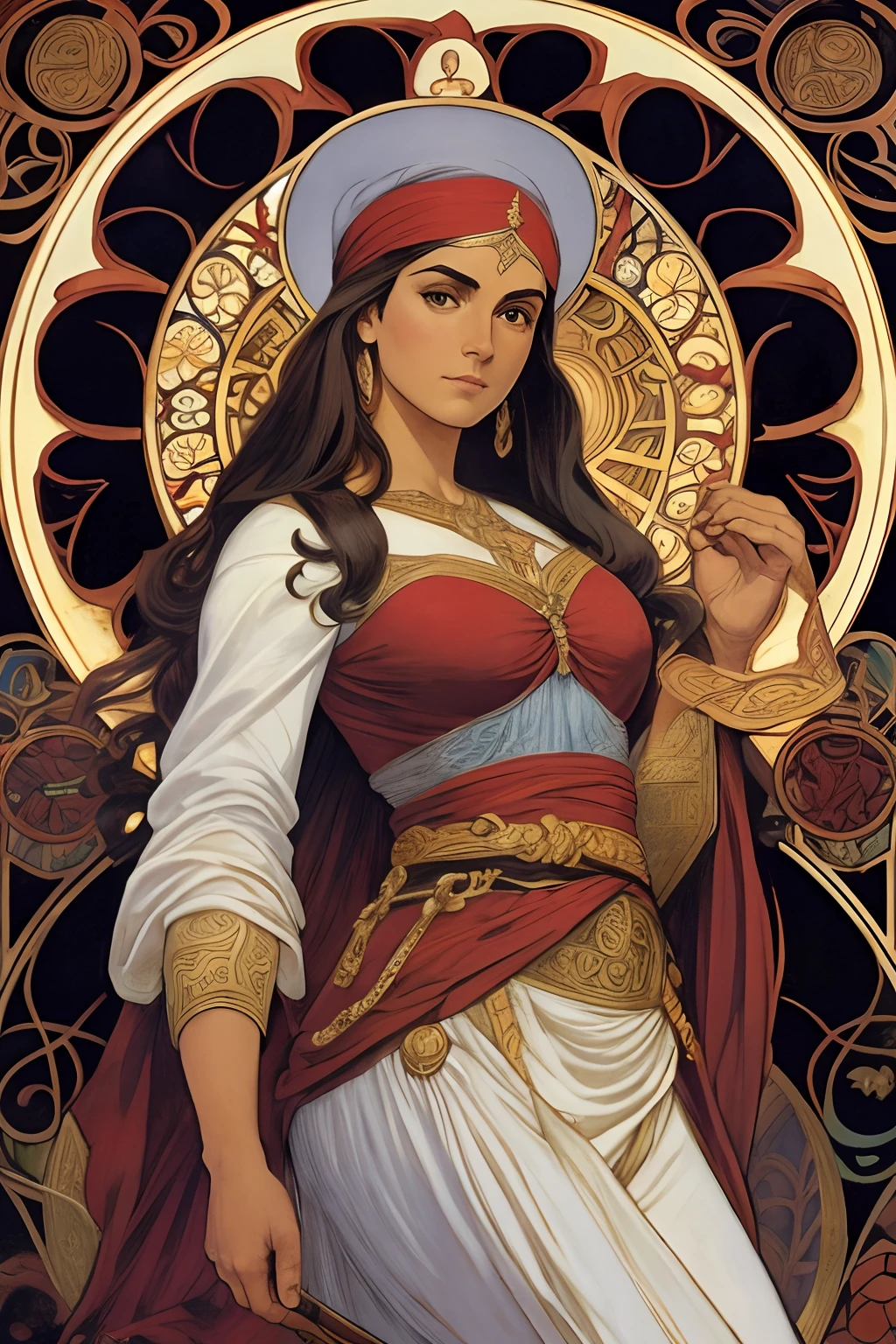 Arte John Buscema,Retrato corpo inteiro de uma mulher pirata , red band wrapped around the head,cabelos longos e cacheados, 鎖骨, Branco, moldura floral, painel decorativo, abstrair, cintura,kalap, casaco, grey pants, sapatos de fivelas e uma faixa para guardar armas., realismo, arte, Alphonse Mucha (master part, melhor qualidade, extremely high-resolution: 1.4), detalhe, detalhes intrincados, 4k, salpicos de cor, artee de linha, Fibonacci,