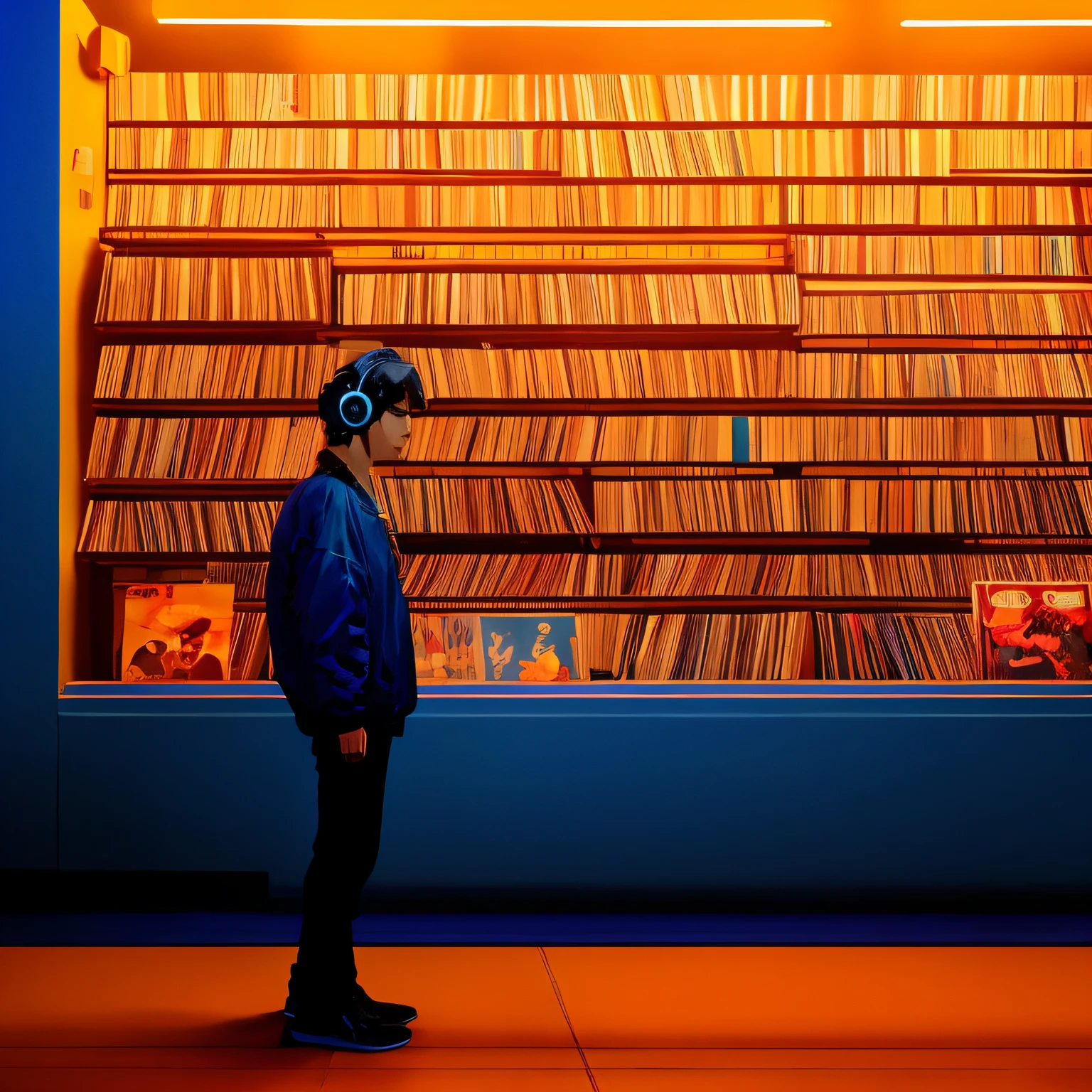 There's a man standing in front of a wall with a shelf of records, ****** em uma loja de discos, Discos musicais, style hybrid mix of beeple, nostalgic vibes, discos de vinil, Most High Fidelity, lofi vibrations, cyberpunk with neon lighting, Foto vencedora do concurso Unsplash, imagem Synthwave, a person standing in front of a, spinning records