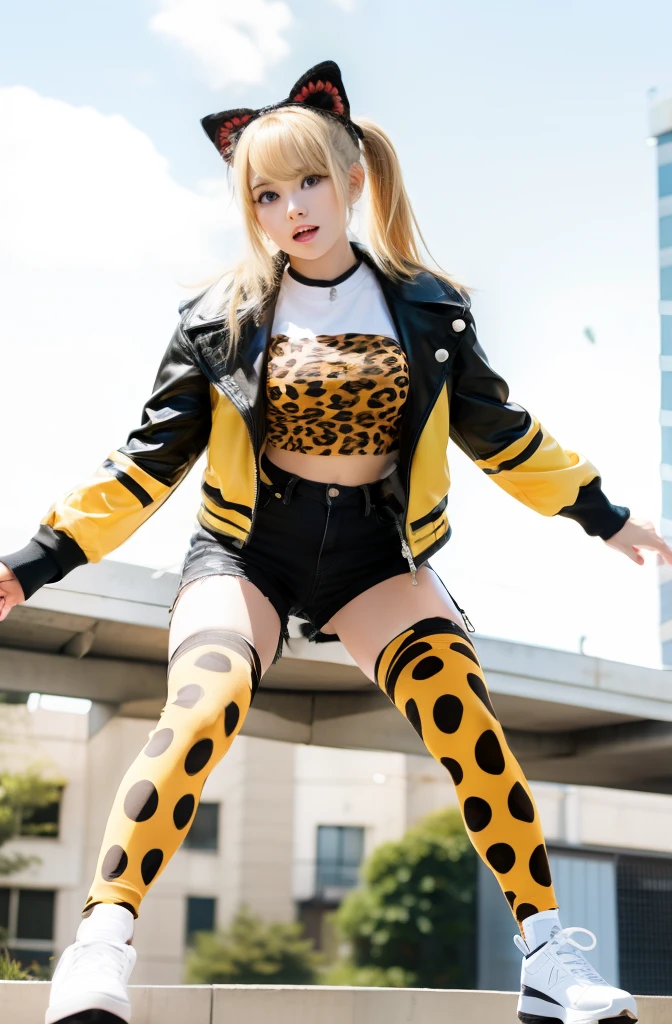 Rock Gal Idol、Good Style、a blond、shortpants、、Idol face、large full breasts、Leopard Pattern Knee Socks、Black Tiger Print Jacket