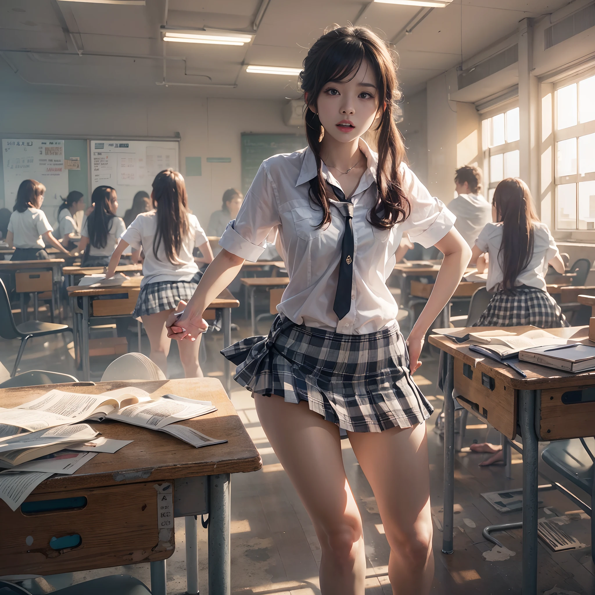 (((nffsw))), (((masutepiece))), (((8K))), (((hight resolution))), (((surrealism))), (((Cinematic lighting))), god rays, Zoom Layer, (((FULL BODYSHOT))), F/4.0, canon, Shiny skin,Detailed skin,Detailed face, Detailed eyes, Serious schoolgirl with beautiful Japan, Multiple guys attacking high school girl, Desolate school, Inside an empty classroom, poneyTail, Torn white shirt, White bra visible, Gingham check miniskirt flips up, White panties are visible, Scattered desk
