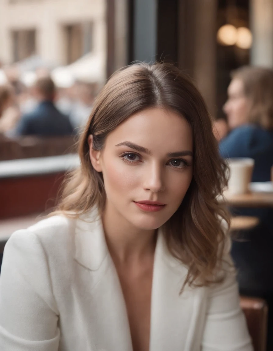 Fashion of the 2010s, Primer plano medio, Canon EF 85mm f/1.2L II USM, A woman is sitting with her coffee in a restaurant，（Pon tus manos debajo de la mesa）， con una chaqueta negra y labios rojos, Emphasis on facial expression, Moda callejera