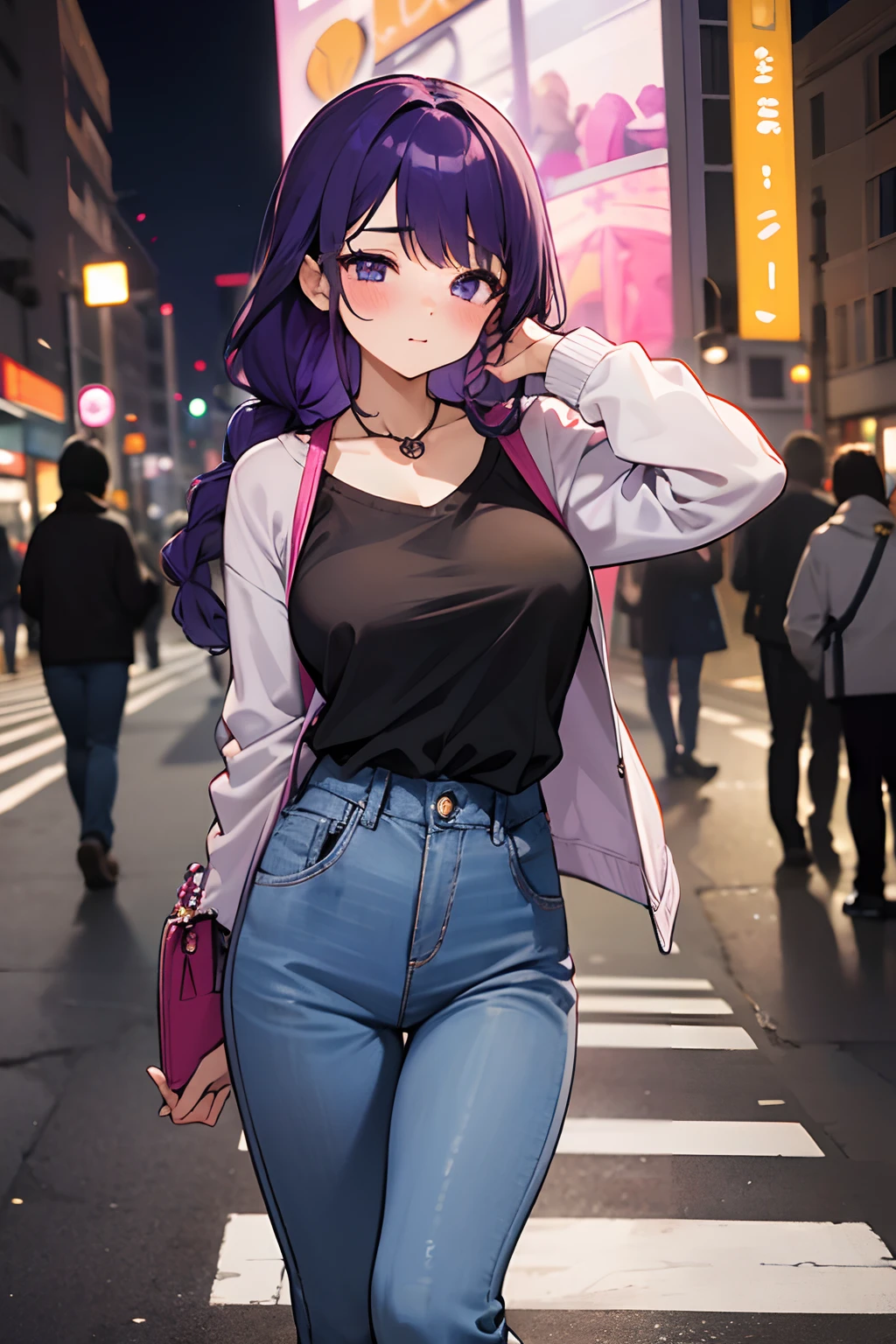 SFW, masterpiece, standing (woman 1), (((cute pose)), ((casual clothes))), purple, purple hair, cute blush, (city), wind, blush, ((milf)), night, (((very busy street))), perfect hands, purse, braid, ((hands behind the back)), pants