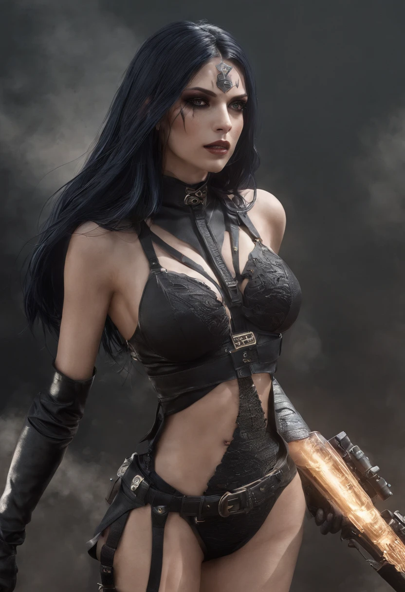 Gere uma imagem  detalhada da personagem Mara, also known as 'Mara Death Dealer', do jogo Call of Duty: Guerra moderna. Describe its appearance, in a bikini, corpo escultural, flowing hair, Equipamento, personality and any other relevant information that makes her an iconic character in the game."