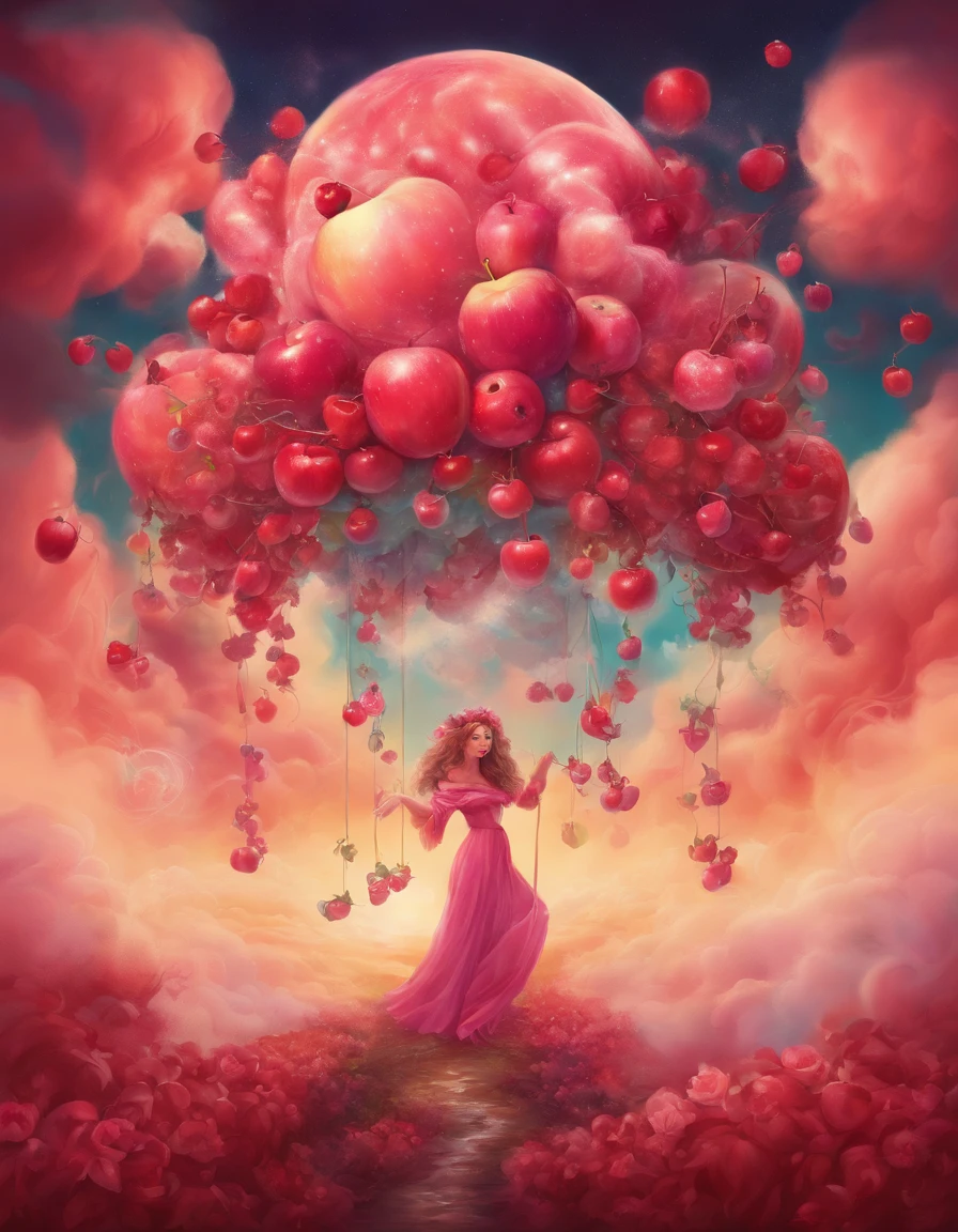 Apple and cherry, sweet magic, cloud, (highres, best quality:1.2), radiance, soft contours,