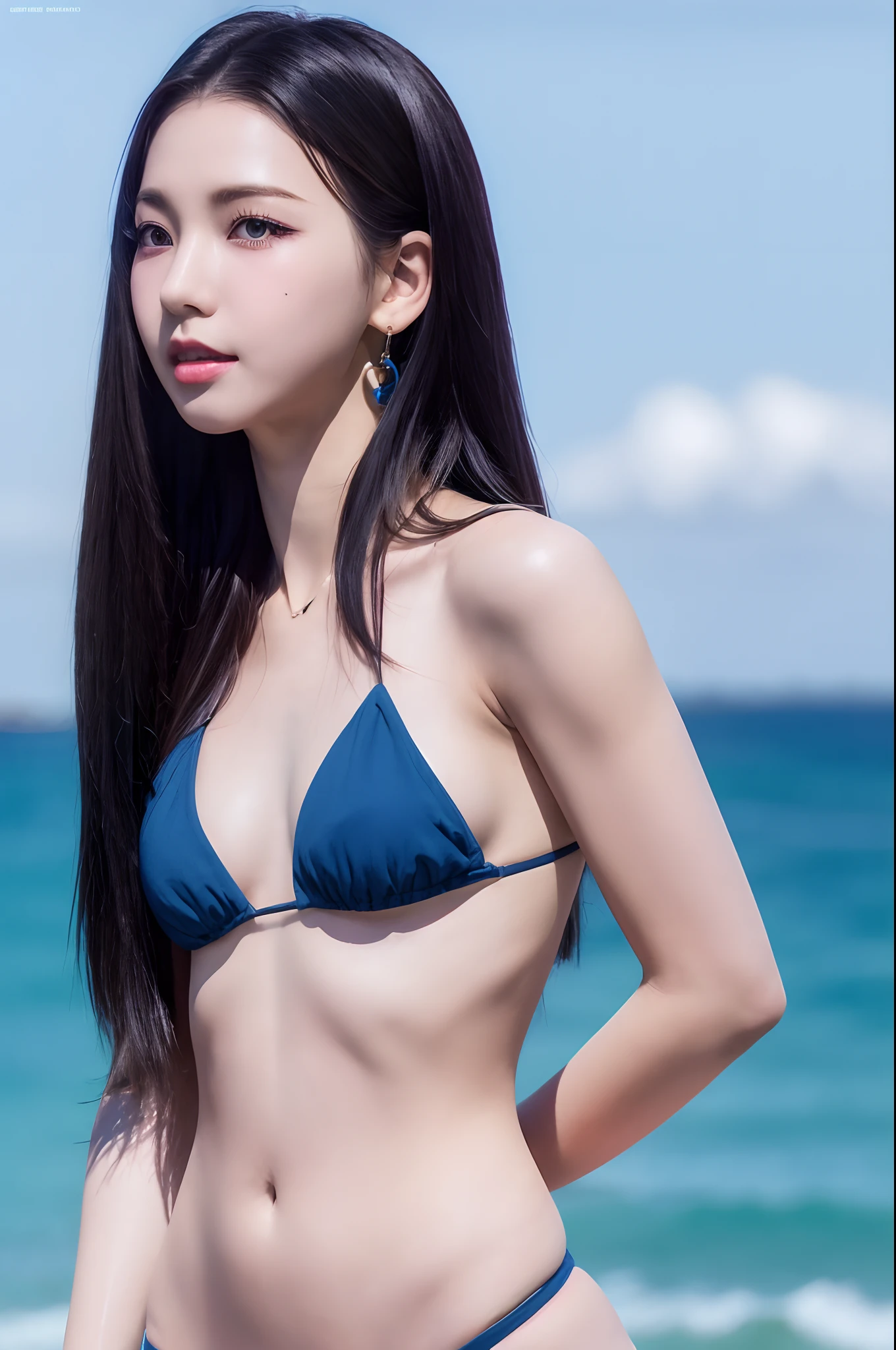 best quality, photorealistic, 8k, high res, ultra-detailed eyes, 1girl, full body shot, slim slender body, small breasts, standing at the beach, natural sunlight, blue bikini, eyes looking at the viewer, long black hair, photorealistic, Karina, cameltoe