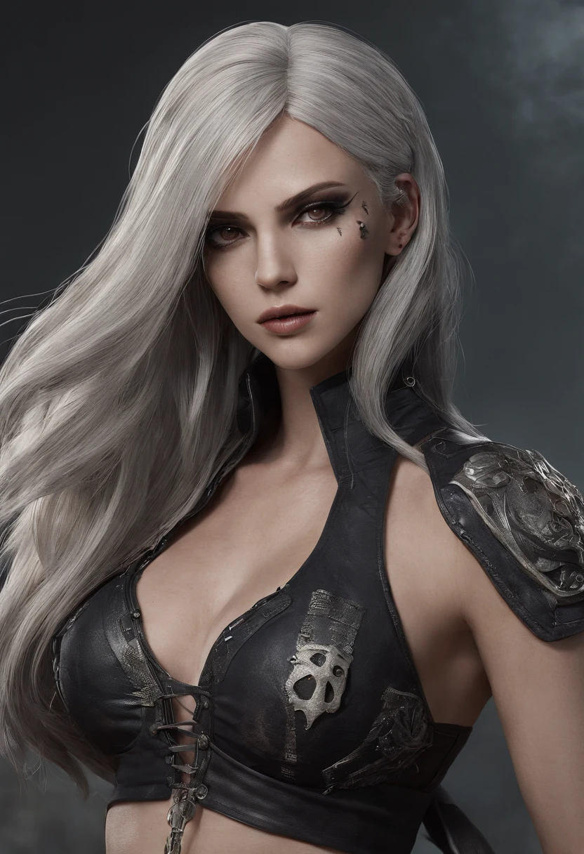 Gere uma imagem detalhada da personagem Mara, also known as 'Mara Death Dealer', do jogo Call of Duty: Guerra moderna. Describe its appearance, in a bikini, corpo escultural, flowing hair, Equipamento, personality and any other relevant information that makes her an iconic character in the game."