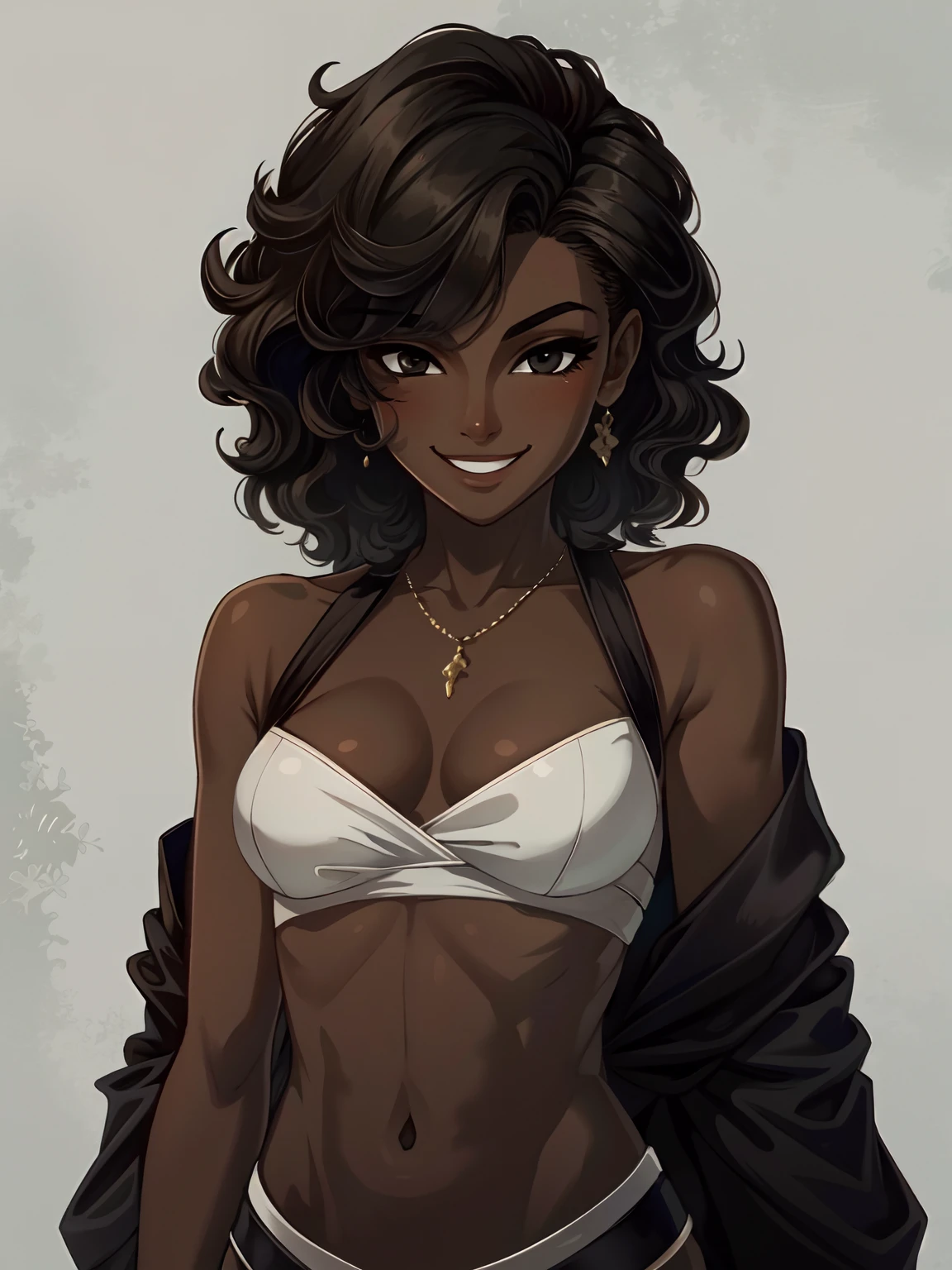 Masterpiece, best quality, high-res, extremely detailed, 1 girl, (dark brown skin tone:1.2), black eyes, smiling