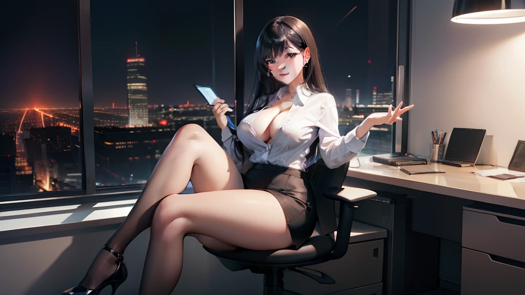 A young and busty woman，Sit in the office，with long black hair，Black tights，A white shirt can't cover the breasts, high heels，cleavage, Feminine posture，at night , full body view