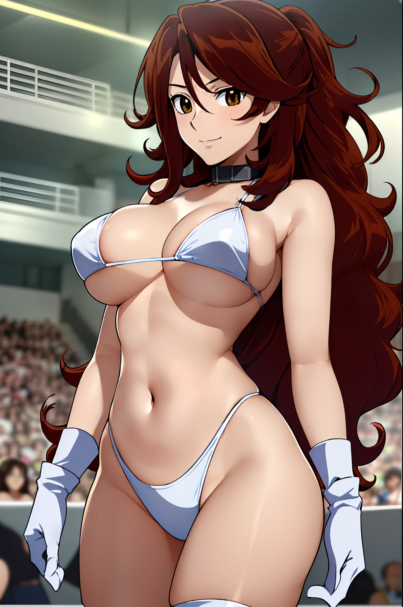 cowboy shot, upper body view, anime style: 1.8, anime drawing, ultra detailed face, ultra detailed body, 4k, Sumergai Lee Noriega, (standing), best quality, anime style, hires, highest definition, digital blending, bold drawing lines, ((slender body, female wrestler), (location: wrestling arena, crowds watching), (weak body, slender body, broad shoulders), ((white micro bikini, white boots, white gloves, collar)), victorious, winner, smile, , (big breasts), (big eyes, brown eyes), (warming up), (brown hair, loose hair, curly hair, wavy hair, long hair, missy hair), 27 years old,