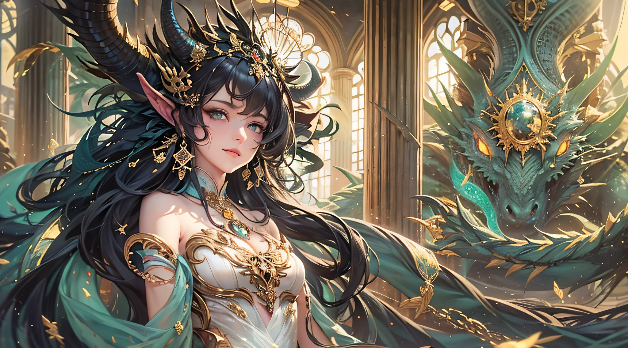 (1Beautiful Dragon Girl), (Long black curly hair), (Dragon horns on the head), (Black mother-of-pearl scales), (Languid look), (Sly grin), jewels, cloths, (completely naked, ), visible, Fantasy interior, Sun light, Magic shining pollen in the rays of the sun, ornate patterns, Column, Curtains, hiquality, wallpapers, 24 thousand....................., ultradetail, topquality
