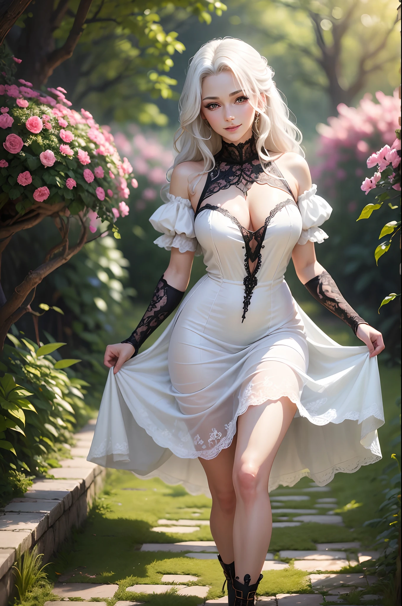 (best quality,4k,8k,highres,masterpiece:1.2),ultra-detailed,realistic:1.37,character:illyasviel von einzbern,female,beautiful detailed eyes,beautiful detailed lips,extremely detailed eyes and face,long eyelashes,mature adult,MILF with good curves,white hair,slender body,graceful posture,stunning outfit,red silk dress,flowing fabric, standing in a lush garden,lush green grass,colorful flowers,scenic background,soft natural lighting,vivid colors,painting-like quality,anime style,happy expression