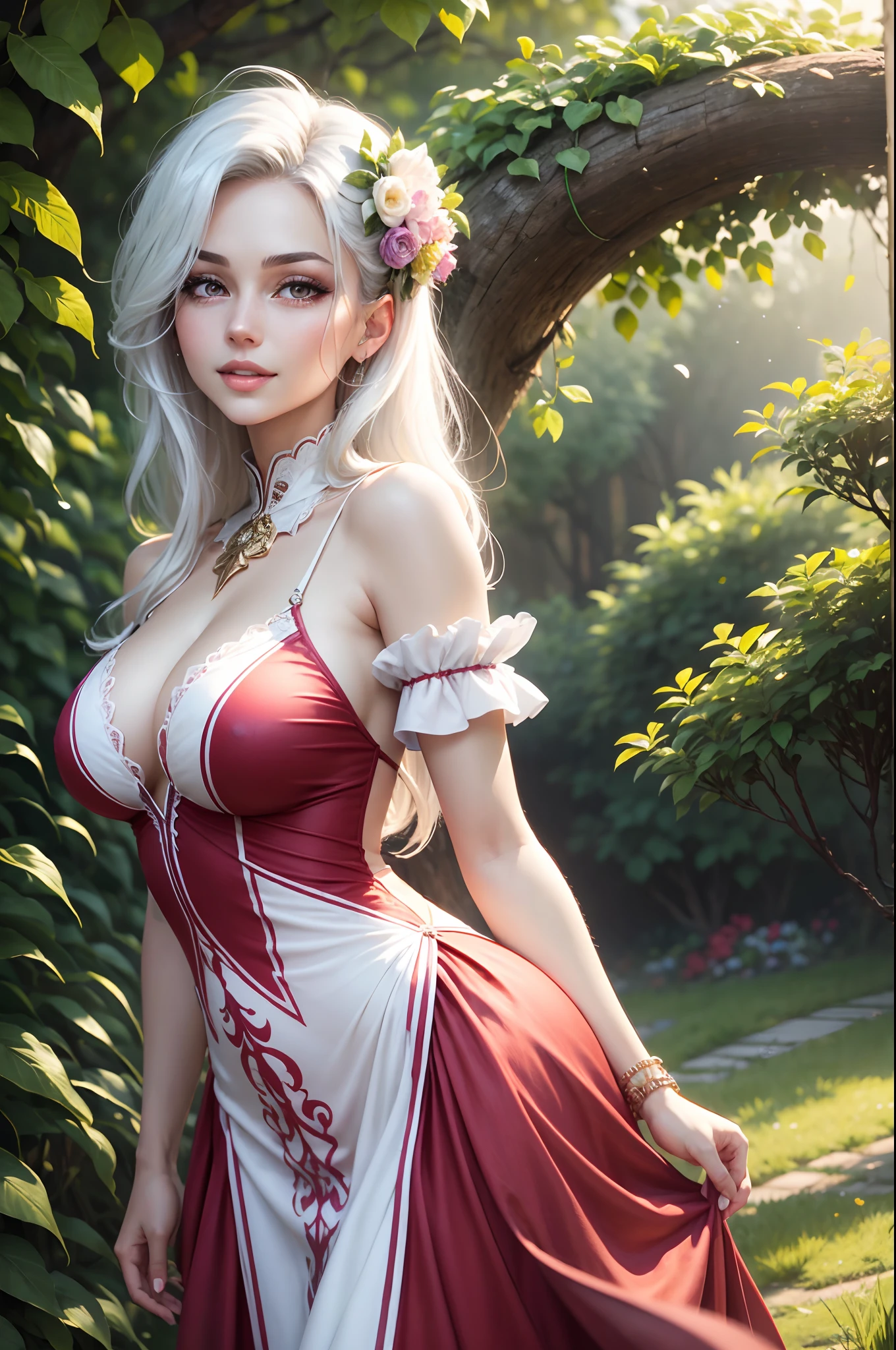 (best quality,4k,8k,highres,masterpiece:1.2),ultra-detailed,realistic:1.37,character:illyasviel von einzbern,female,beautiful detailed eyes,beautiful detailed lips,extremely detailed eyes and face,long eyelashes,mature adult,MILF with good curves,white hair,slender body,graceful posture,stunning outfit,red silk dress,flowing fabric, standing in a lush garden,lush green grass,colorful flowers,scenic background,soft natural lighting,vivid colors,painting-like quality,anime style,happy expression