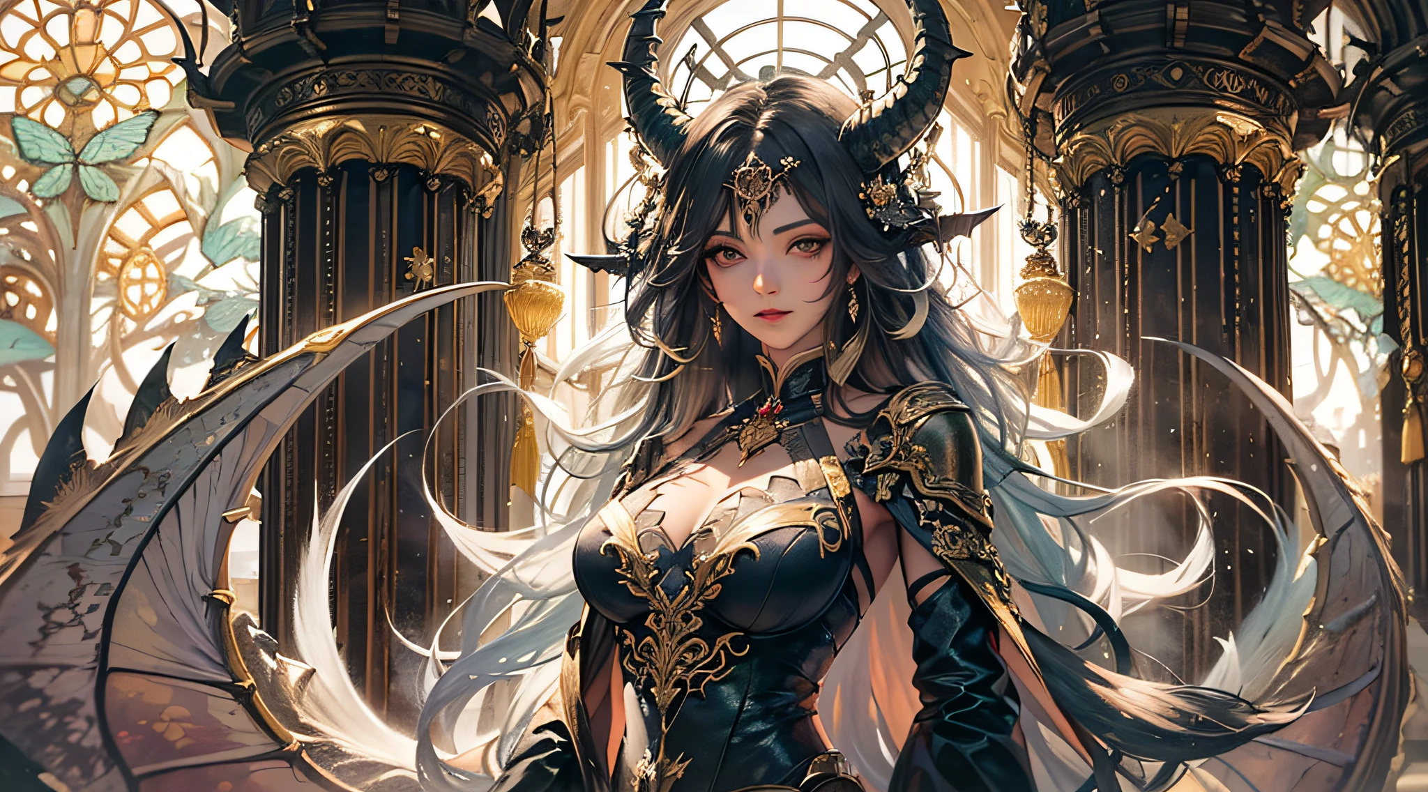 (1Beautiful Dragon Girl), (Long black curly hair), (Dragon horns on the head), (Black mother-of-pearl scales), (Languid look), (Sly grin), jewels, cloths, (completely naked,  ), visible, Fantasy interior, Sun light, Magic shining pollen in the rays of the sun, ornate patterns, Column, Curtains, hiquality, wallpapers, 24 thousand....................., ultradetail, topquality