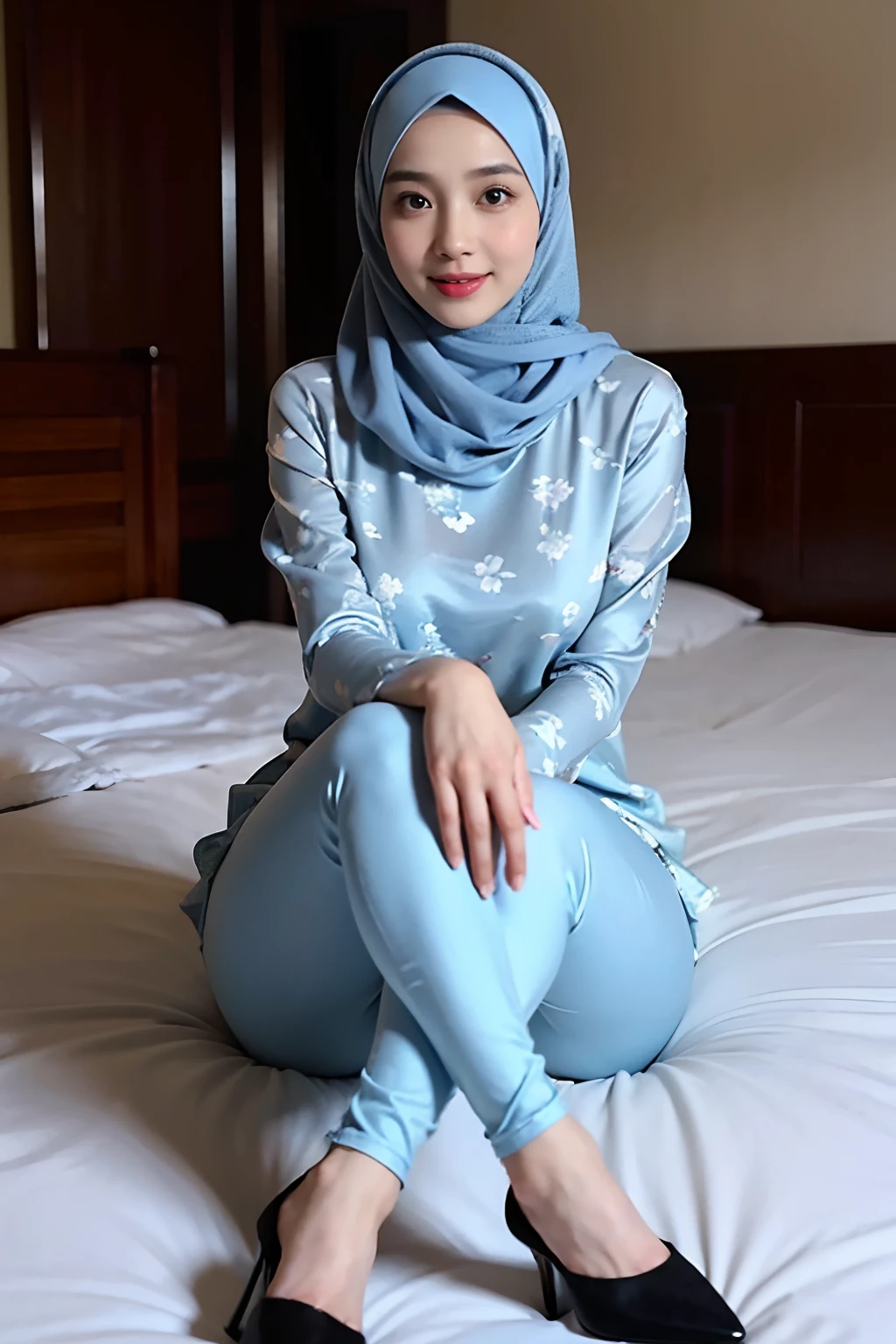 Best quality, high resolution, masterpiece: 1.3), a beautiful malay woman in hijab, big breasts, slim figure, sweatshirt, beautifully presented details in the street and facial and skin texture, detailed eyes, double eyelids, big eyeschest visible, shirt openfeatures), HDR, 8k resolution, nice fingers, firm skin, (((high detail skin, visible pores))), 1 female, tall body, sitting on the bed, 30 years old, big breasts: 1.4, wearing Floral Silk Tight Malay Gamis Pastel Close Up Tight Hijab, Full Body, Beautiful Shy Smile, Wearing High Heels, In L