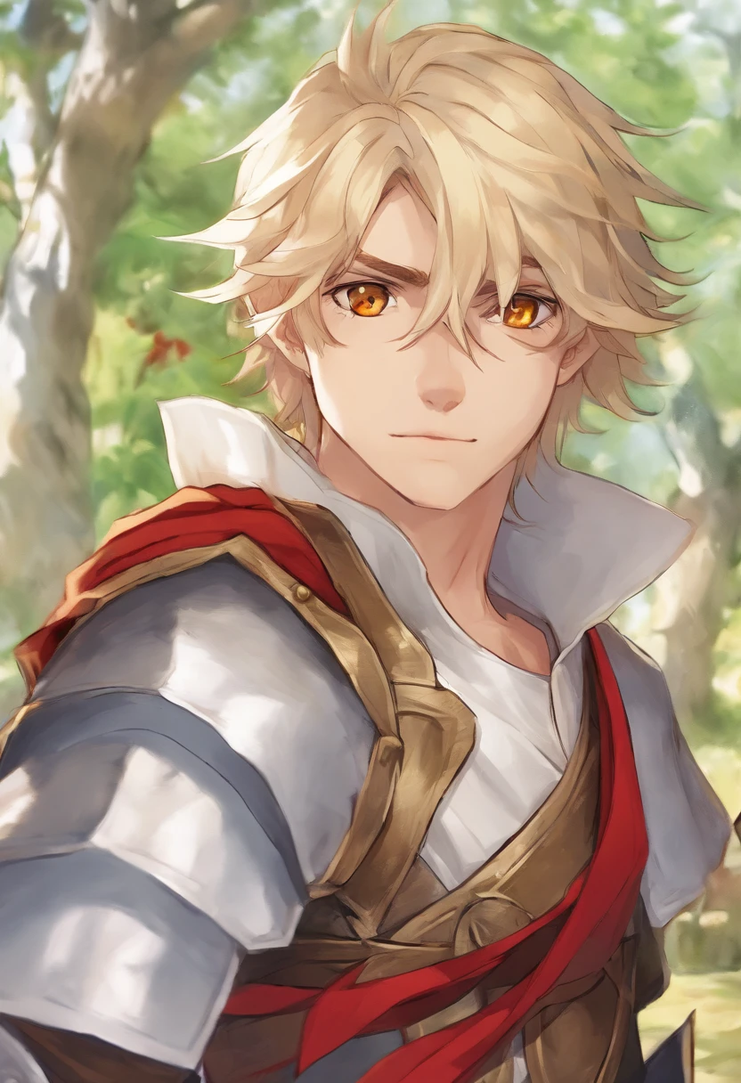 a 20 -year-old man, 1 boy, blonde short hair, short hair parted in the middle, bright green eyes, without a beard, without a goatee, no facial hair, silver and red medieval knight armor, red clothes, highly detailed, A high resolution, Sharp focus, ultra detailed, noble, brave, strong, perfect hands, looking at the viewer