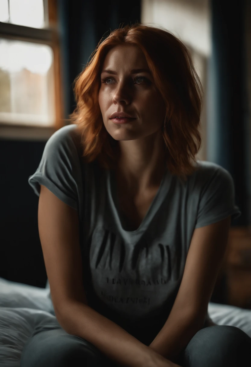 a very cute readhead danish woman crying face with tears on cheeks in dark bedroom, wearing unique t shirt, beautiful eyes, unique face, natural skin, heartbreaking expression, detailed face and eyes, perfect object, illuminated warm from window, cinematic dark light, photo contest composition, analog film photo color, ultra realistic pohotography, very wide mid shot view, Aesthetic atmosphere, dramatic, rays shadow, Sigma 24mm f1.8 lens, 8k, highly resolution, ultra highly detailed, Ultra hd, depth of field