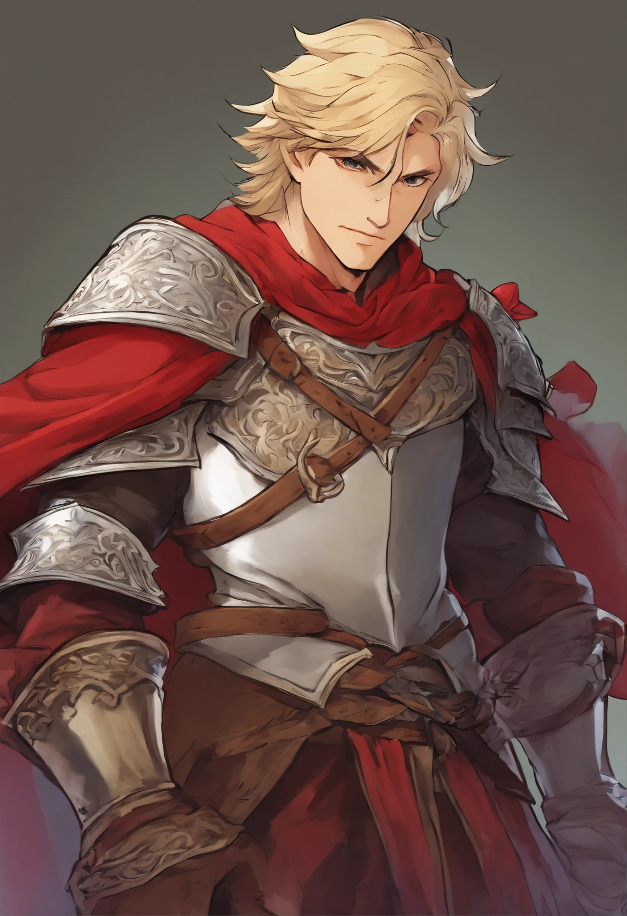 a 20 -year-old man, 1 boy, blonde short hair, short hair parted in the middle, bright green eyes, without a beard, without a goatee, no facial hair, silver and red medieval knight armor, red clothes, highly detailed, A high resolution， Sharp focus, ultra detailed, noble, brave, strong, perfect hands, looking at the viewer