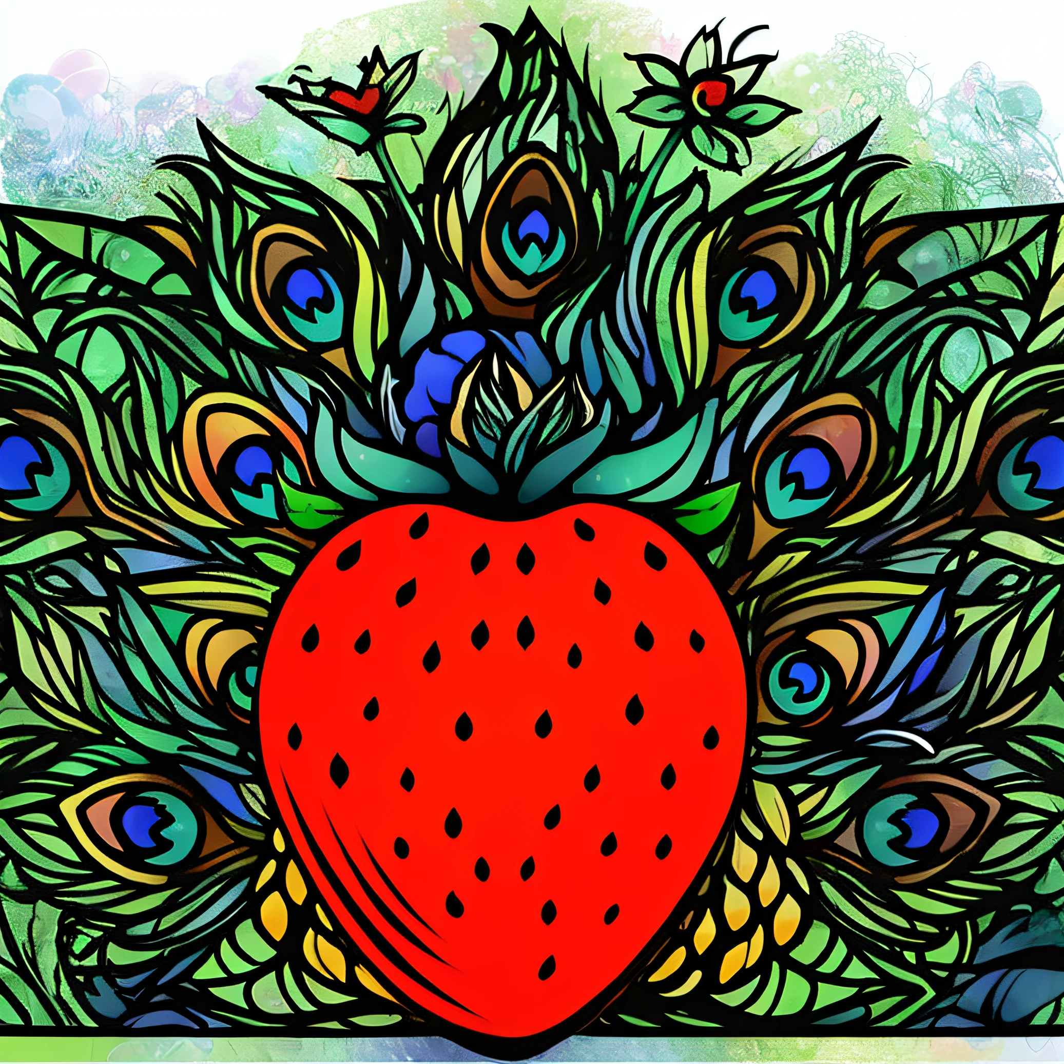 There's a red strawberry with peacock feathers on it., Campos de morango para sempre, arte vetorial multicolorida, inspired by Jan Stanisławski, tom de tela colorido, desenhado com photoshop, color digital illustration, estilo vitral, frutas e penas, full-colour illustration, feito com ilustrador, Directed by: Meredith Dillman, psychedelic colouring, Arte digital colorida