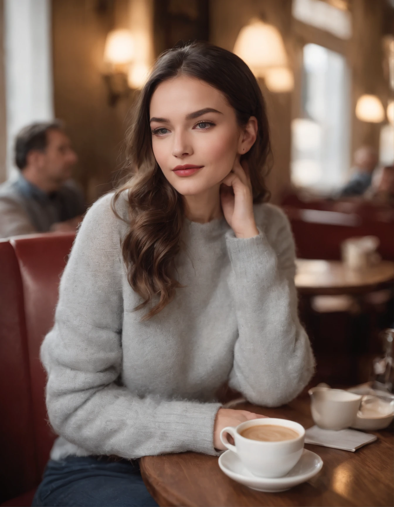 Fashion of the 2010s, Primer plano medio, Canon EF 85mm f/1.2L II USM, A woman is sitting with her coffee in a restaurant,(Pon tus manos debajo de la mesa), con una chaqueta negra y labios rojos, Emphasis on facial expression, Moda callejera