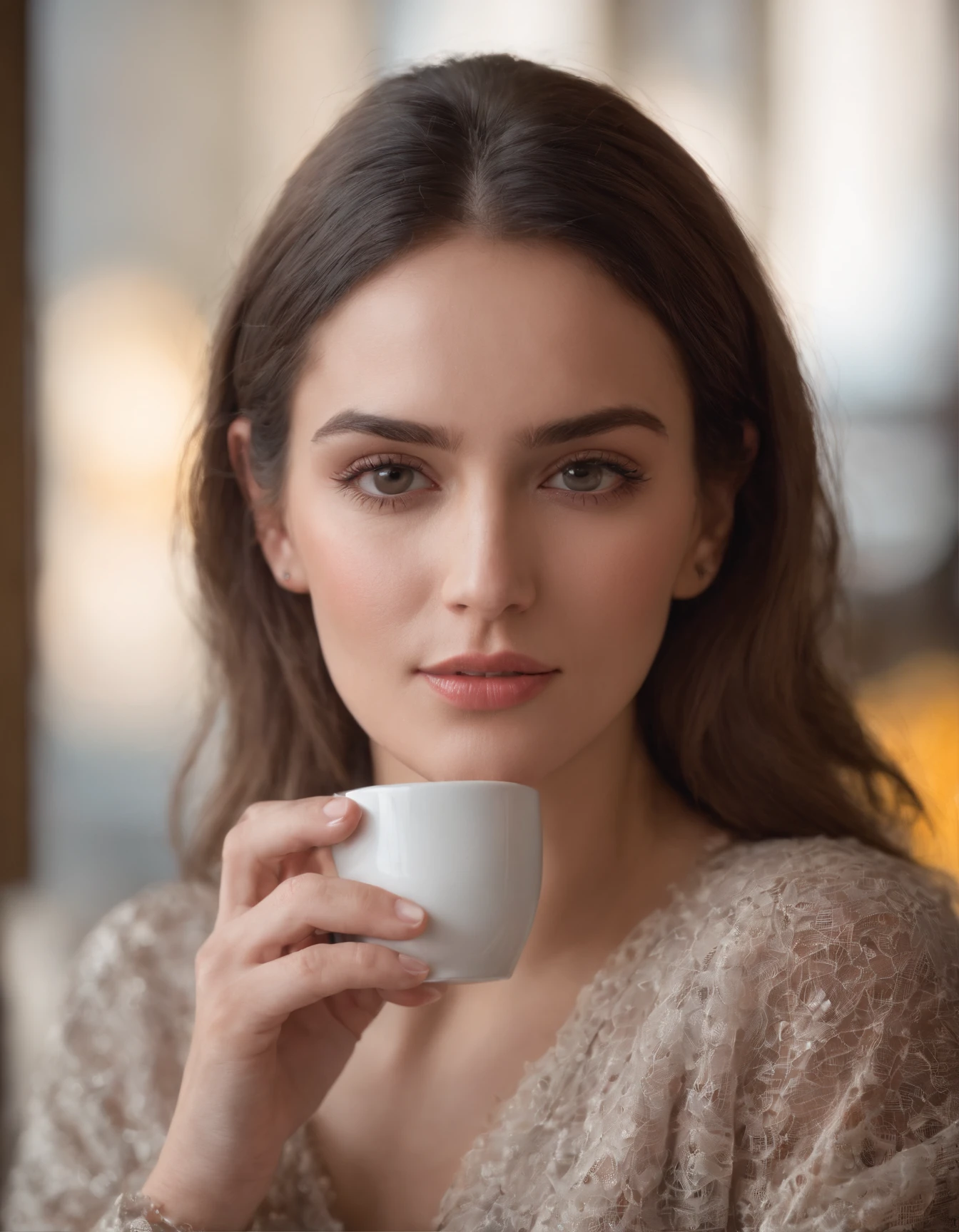Fashion of the 2010s, Primer plano medio, Canon EF 85mm f/1.2L II USM, A woman is sitting with her coffee in a restaurant,(Pon tus manos debajo de la mesa), con una chaqueta negra y labios rojos, Emphasis on facial expression, Moda callejera