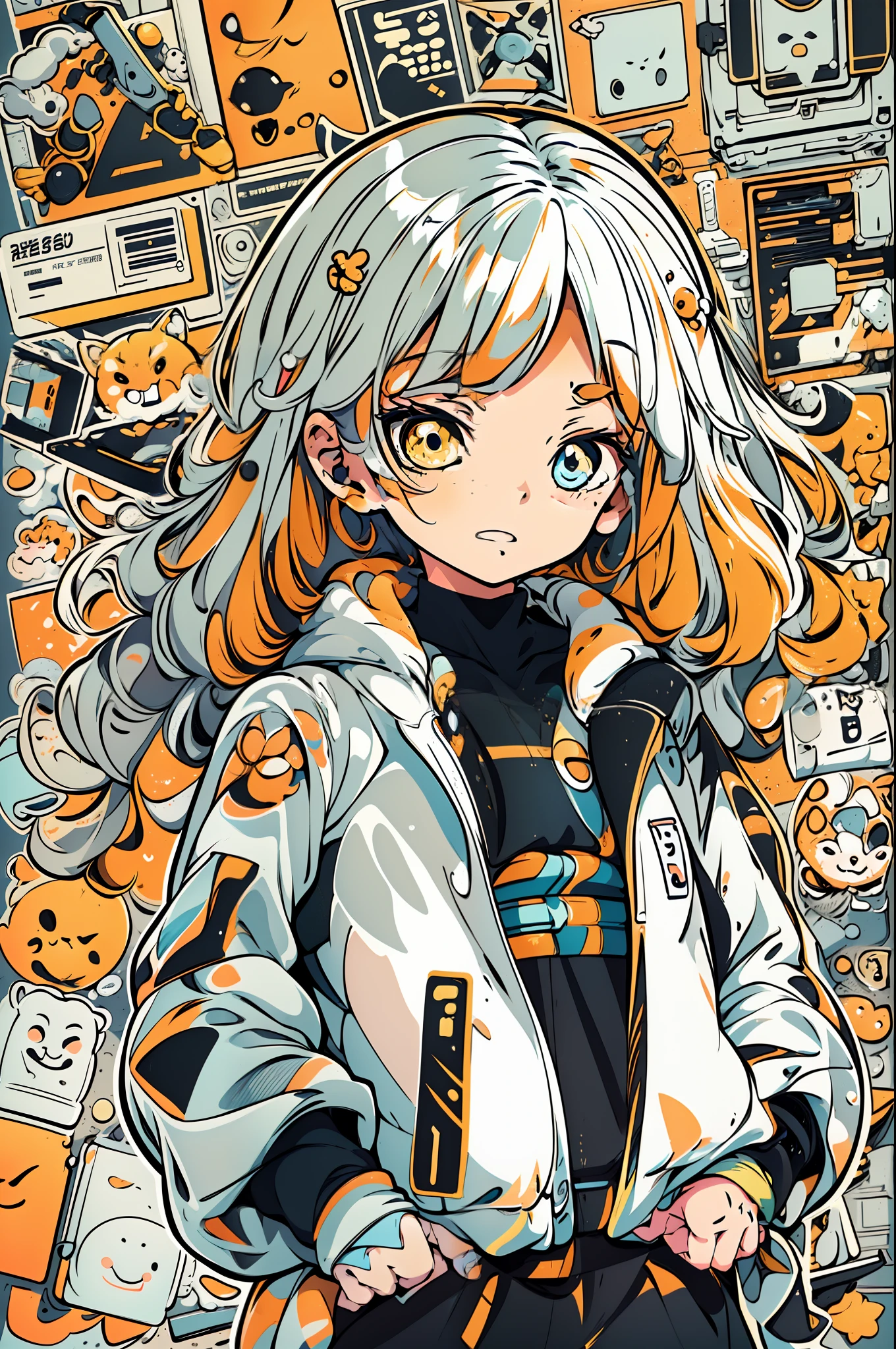 anime girl with orange and white jacket and black jacket surrounded by stickers, anime mecha aesthetic, anime style 4 k, anime graphic illustration, mecha asthetic, anime robotic mixed with organic, digital anime illustration, anime style illustration, cute art style, anime manga robot!! anime girl, anime illustration, anime style artwork, digital cyberpunk anime art, fully robotic!! girl