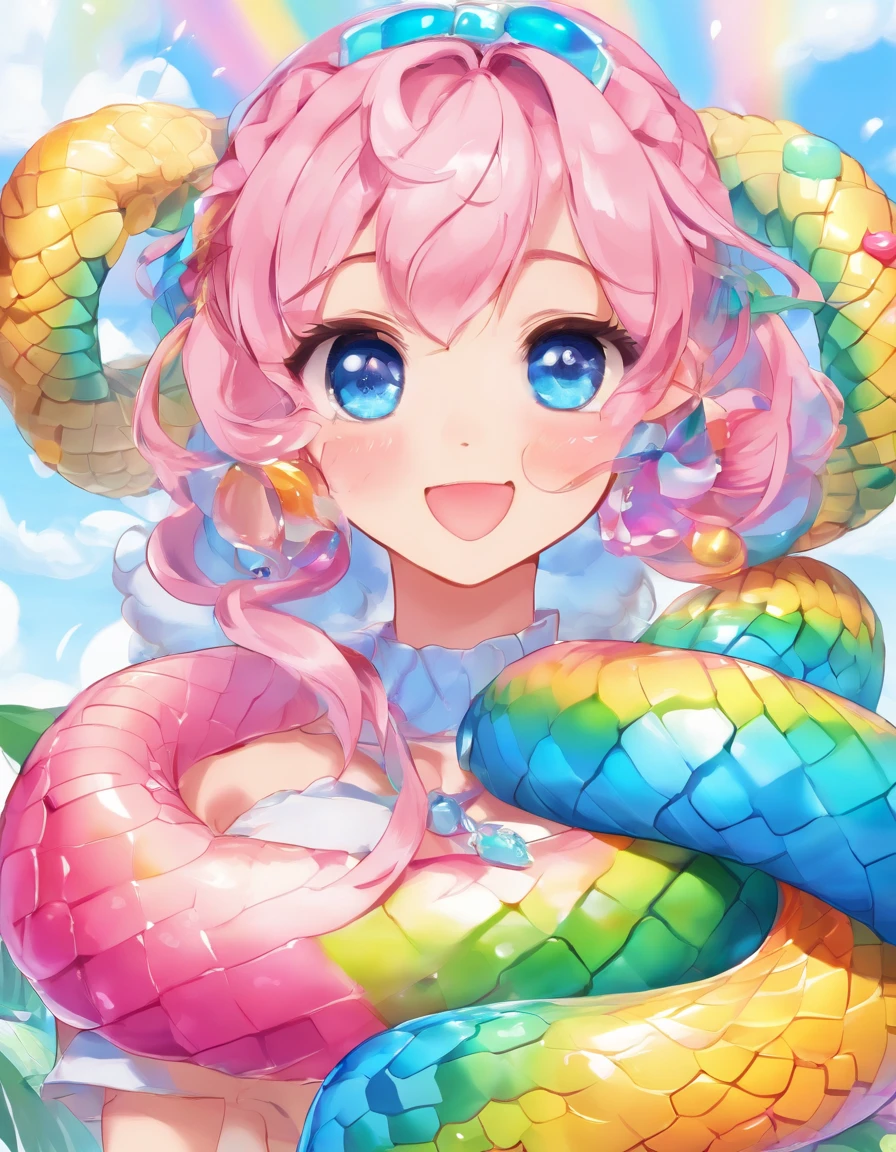Snake, blue lips, blue eyes, rainbow, (highres, best quality:1.2), radiance, soft contours,