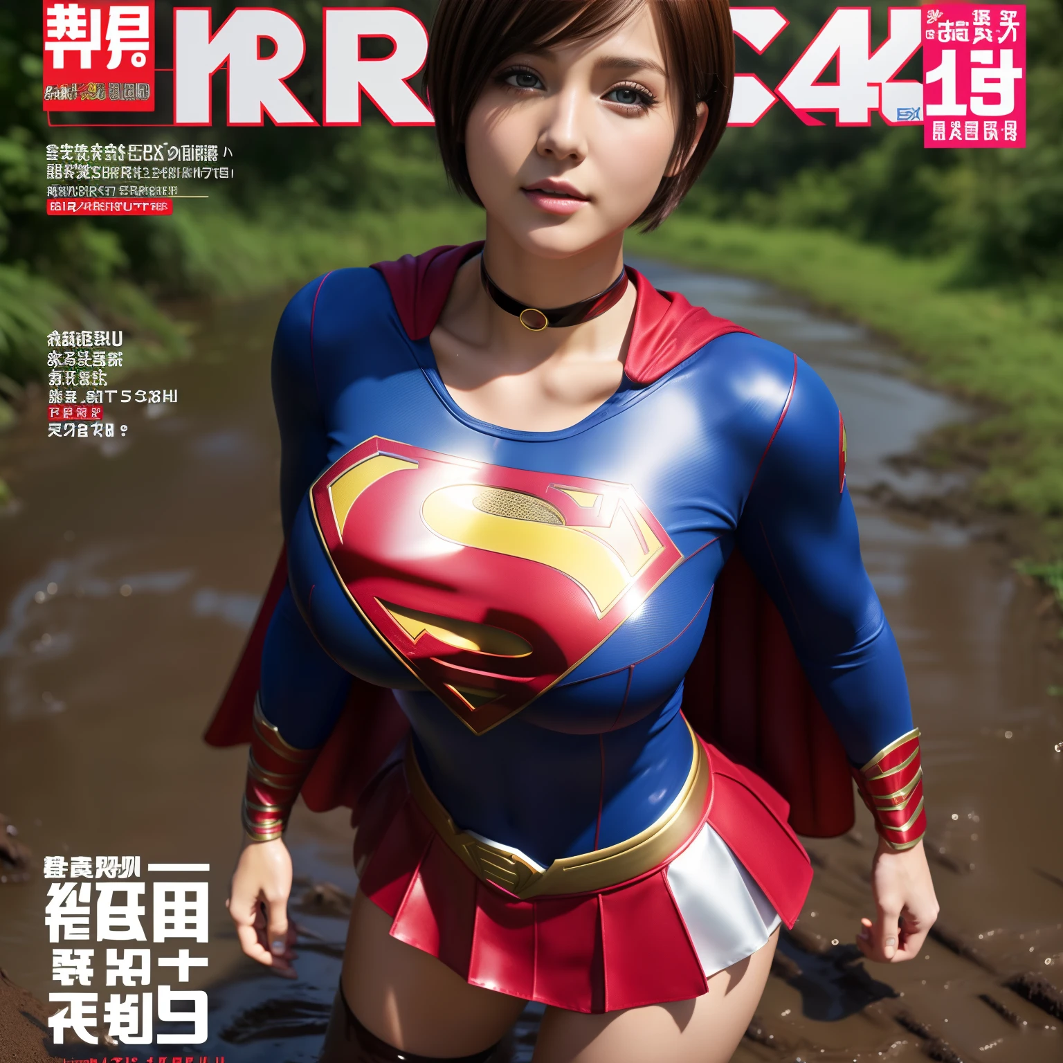 (Best Quality,4K,8K,hight resolution,masutepiece:1.2),Ultra-detailed,Realistic:1.37,Super masterpiece,Short-haired Supergirl、large full breasts、Looking at the camera、Glossy costume、a choker、Too short miniskirt、Weekly magazine cover、Powerful Pose、Covered in mud