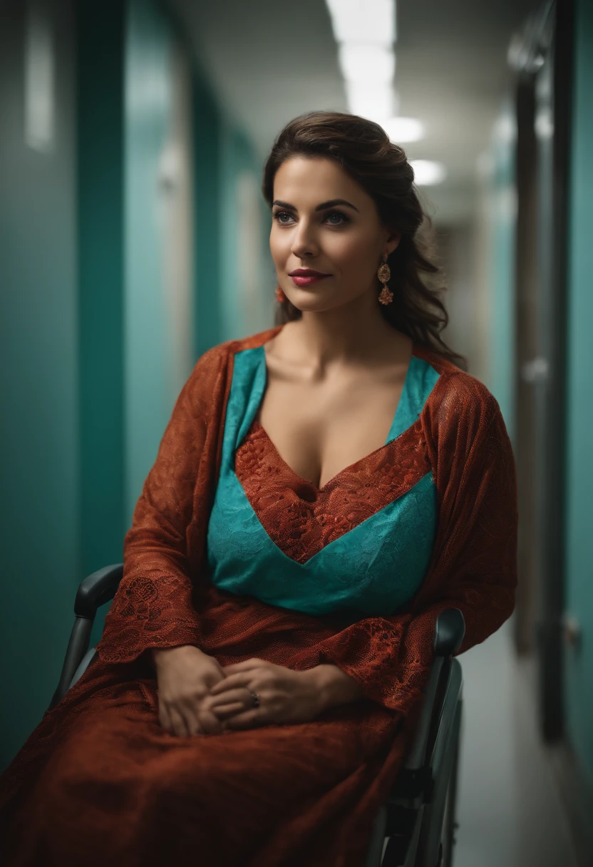 fotografia de uma mulher realista,sentda no quaerto de hospital roupas de paciente