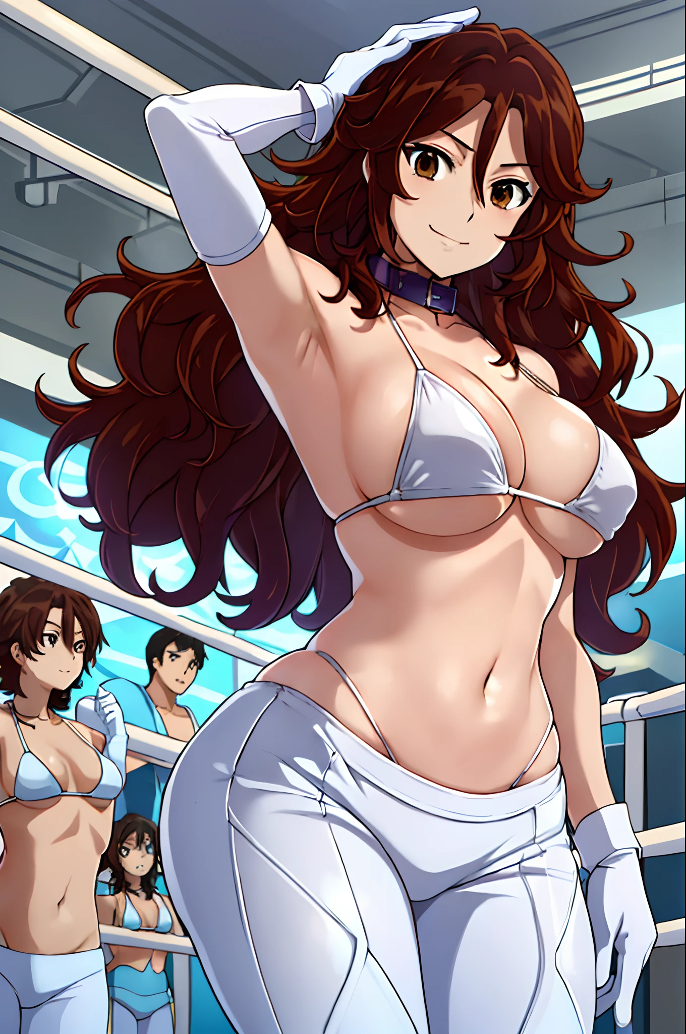 cowboy shot, upper body view, anime style: 1.8, anime drawing, ultra detailed face, ultra detailed body, 4k, Sumergai Lee Noriega, (standing), best quality, anime style, hires, highest definition, digital blending, bold drawing lines, ((slender body, female wrestler), (location: wrestling arena, crowds watching), (weak body, slender body, broad shoulders), ((white micro bikini top, long pants, white boots, white gloves, collar)), victorious, winner, smile, , (big breasts), (big eyes, brown eyes), (warming up), (brown hair, loose hair, curly hair, wavy hair, long hair, missy hair), 27 years old,