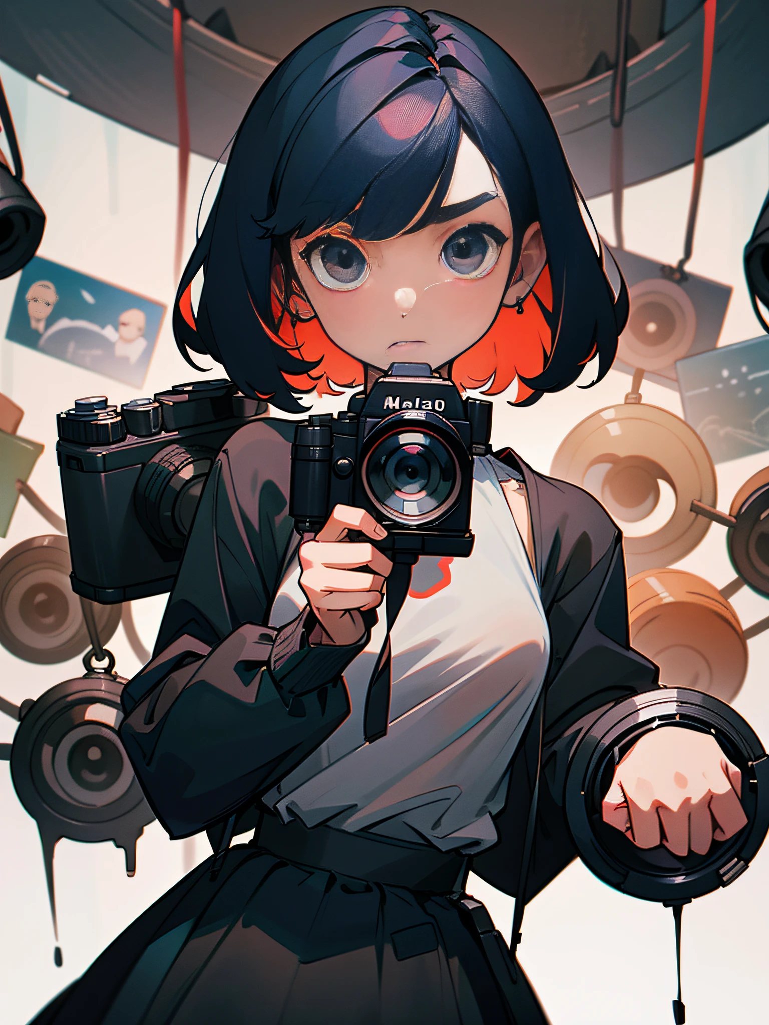 Short Bob's２０Portrait of a woman in her s、Hair color is black、Baggy white shirt and skirt、Holding the camera、Hanging a camera around his neck、Lots of cameras scattered in the background