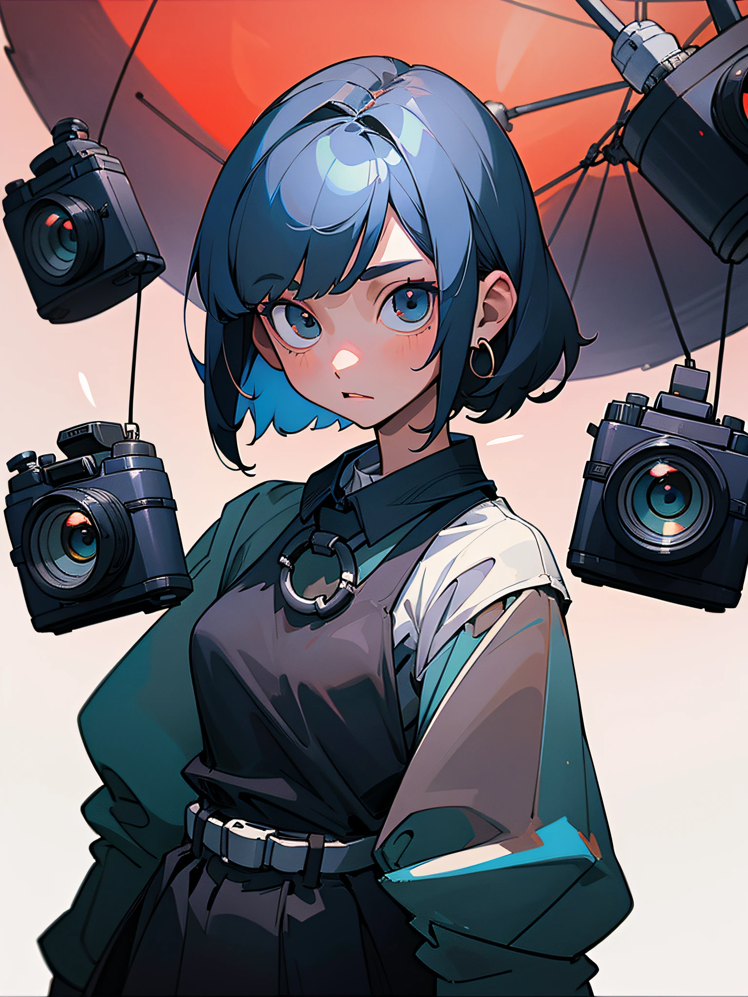 Short Bob's２０Portrait of a woman in her teens、Hair color is black、Baggy white shirt and skirt、Holding the camera、Hanging a camera around his neck、Lots of cameras scattered in the background