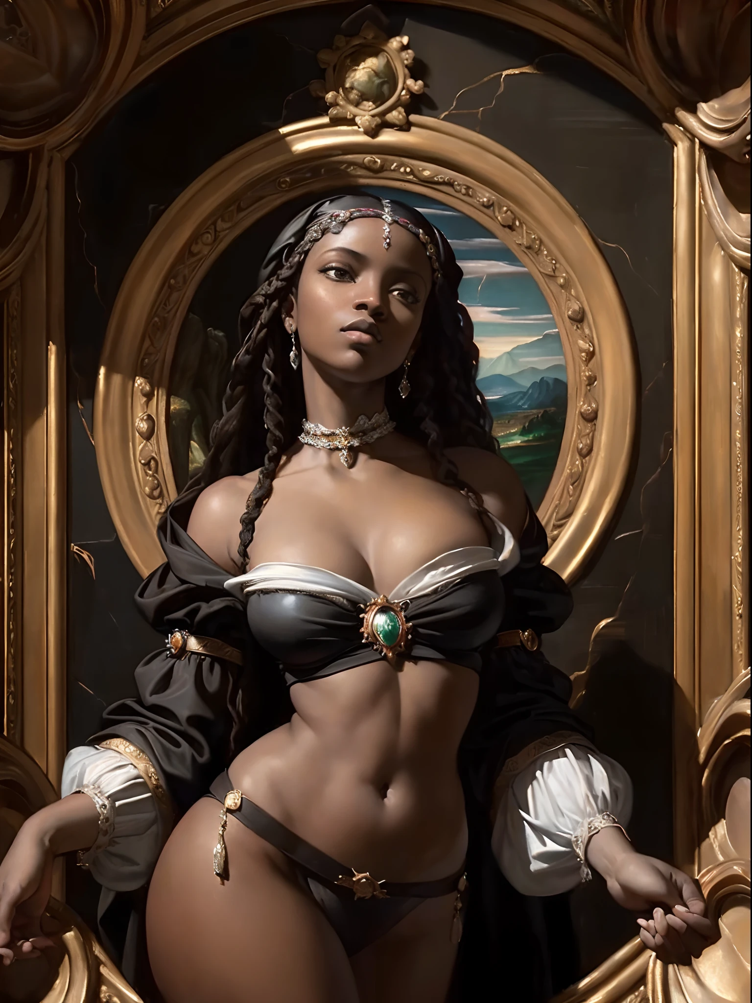 (Renaissance oil painting of a beautiful black woman:1.3), best quality, masterpiece, expressive, thrilling, 256k, epic, crepuscular lights, (by Michelangelo, by Rafael, by Rubens:1.2), chiaroscuro, best quality, masterpiece, (best hands)