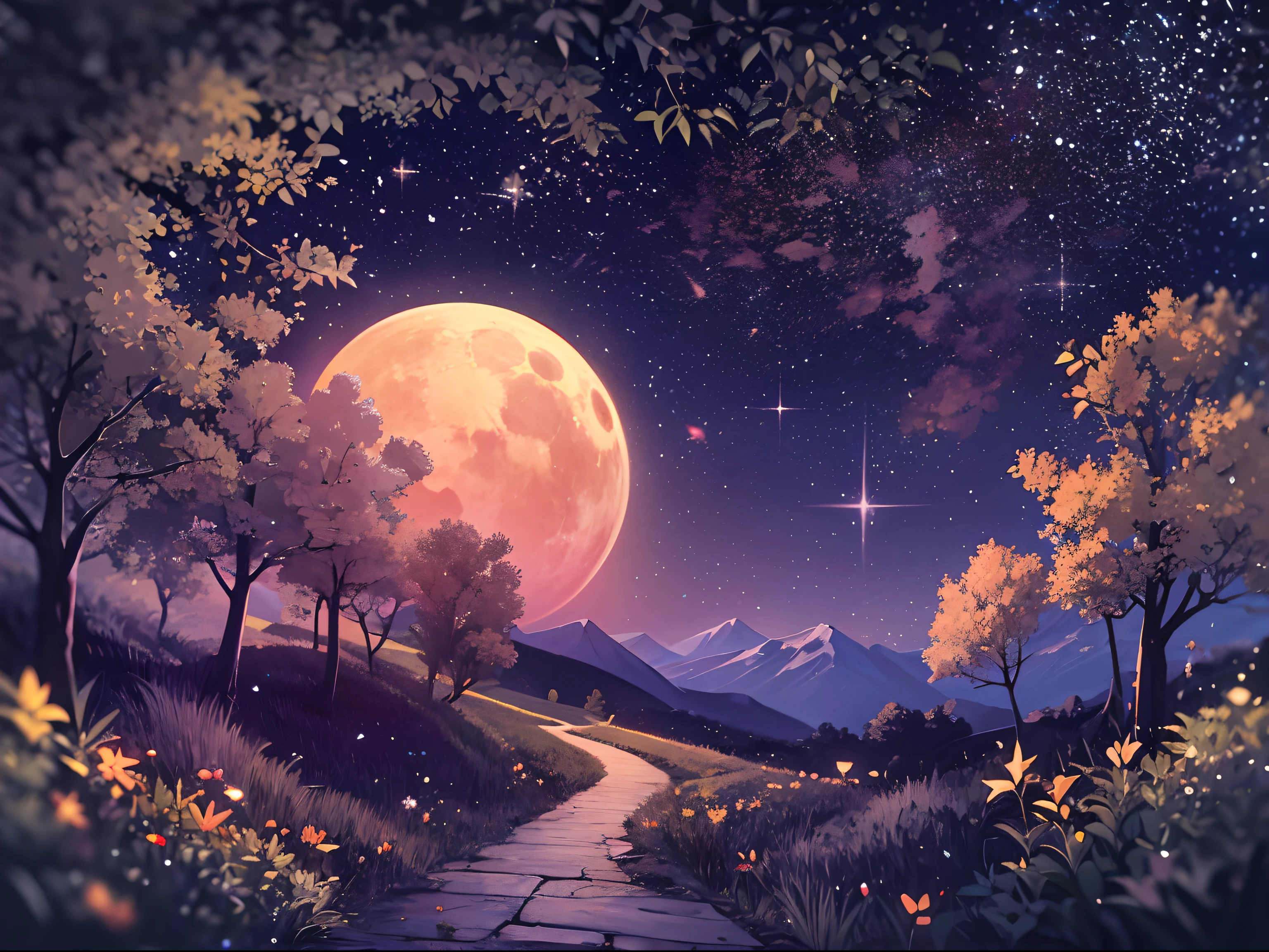 The background is a peaceful night sky,Stars dot between,It's like a twinkling note,Decorate the night sky into a gorgeous picture。in distance,A bright moon rises,Cast a soft glow,Illuminates a trail ahead。
The trail winds its way,A forest that leads to distant lands,The gaps between the trees shone faintly with moonlight,Outline a mysterious silhouette。Among the leaves,A gentle breeze blows,Make a low rustling sound,It is as if nature and music dance with melody。
On this quiet and mysterious night,Notes fall from the sky,Gently land on the trail,Like bright stars,It forms a unique musical picture。This background symbolizes the constant flow of inspiration for the music,Like stars in the night sky,Never stop。