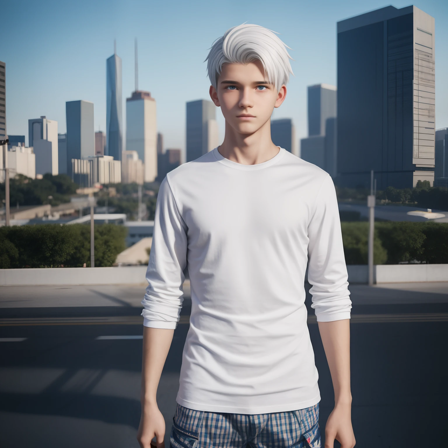 Teen male, (((16yo))), dead inside, topless, white cargo pants, full body view, city, background blur, chromatic aberration, bokeh, skinny body, white hair, ultra realistic, HQ, 8k, square masculine face, plaid white shirt