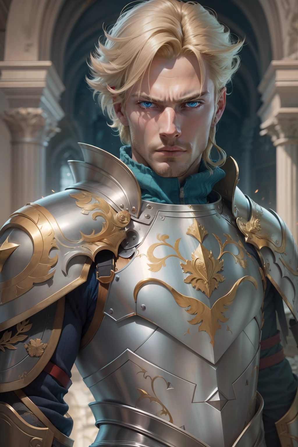 ultra realistic image of a blond man, short hair, ultra detailed blue eyes, 30 years old, tall and strong, dressed in silver armor torso and with golden shoulder pads, murderous expression, standing in a hall of a completely destroyed royal palace