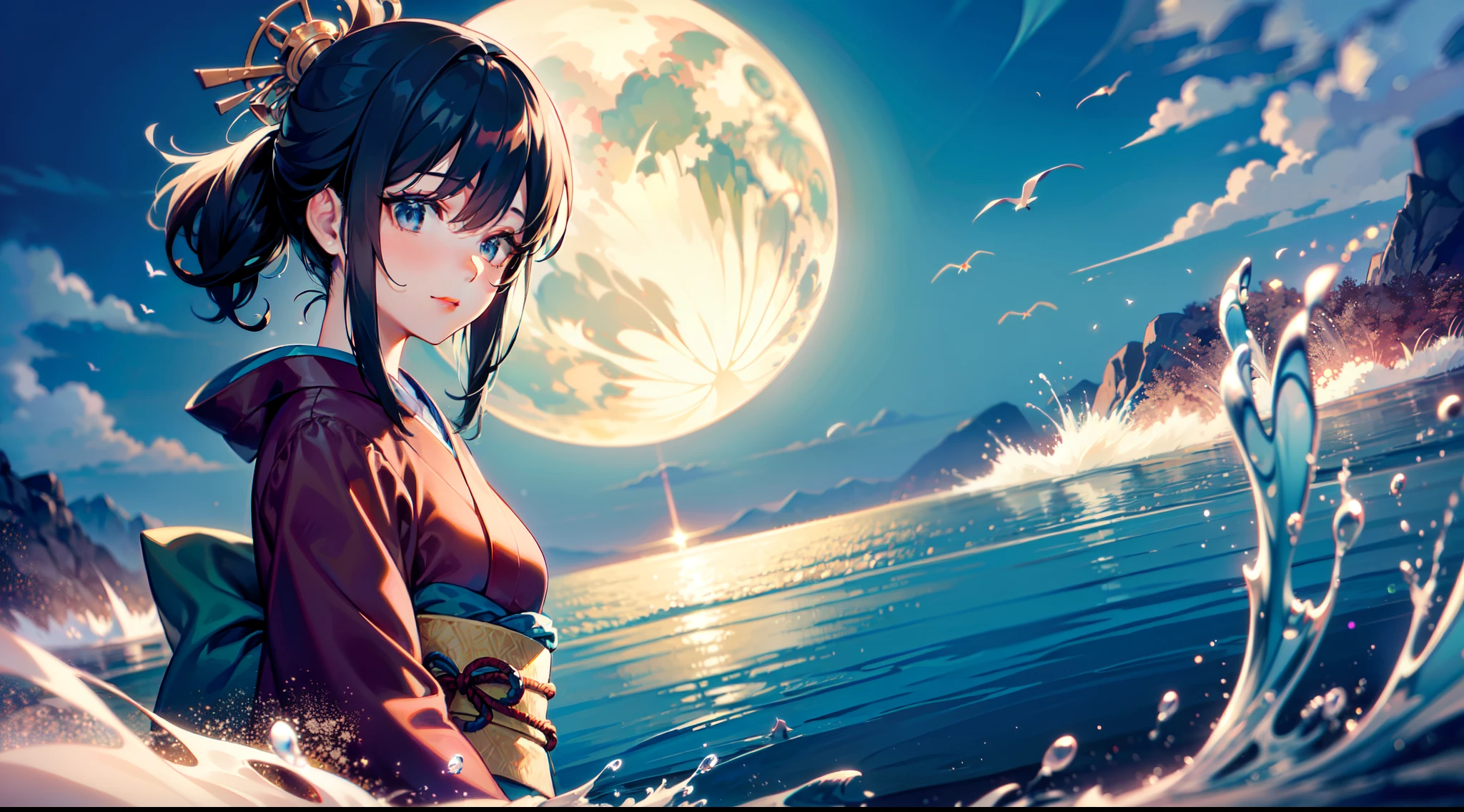 ((top-quality)), (​masterpiece), (sharpnes), 32k, (the highest quality depiction), (top-quality), art by, Detailed and detailed CG art, detailed human body, Gentle Moonlight:1.6、(Perfect anatomy)、(Depiction of a body without failure)、the golden ratio、Portrayal of the perfect woman, 1人の女性, (Japan adult women in their early 20s), (Lustrous black hair,short-hair:1.1), (Beautiful black eyes with luster),(Beautiful face with dense and detailed details), (small tits:1.3), (Beautiful perfect kimono with detailed and detailed details:1.4,Flowing water handle,No exposure:1.6), (gazing into distance,A slight smil:1.3), outside of house,Japanese wind garden:1.2, (birdie:1.3) ,Wind manipulation:0.7 Full Moon Reflected on the Surface of the Water:1.7
