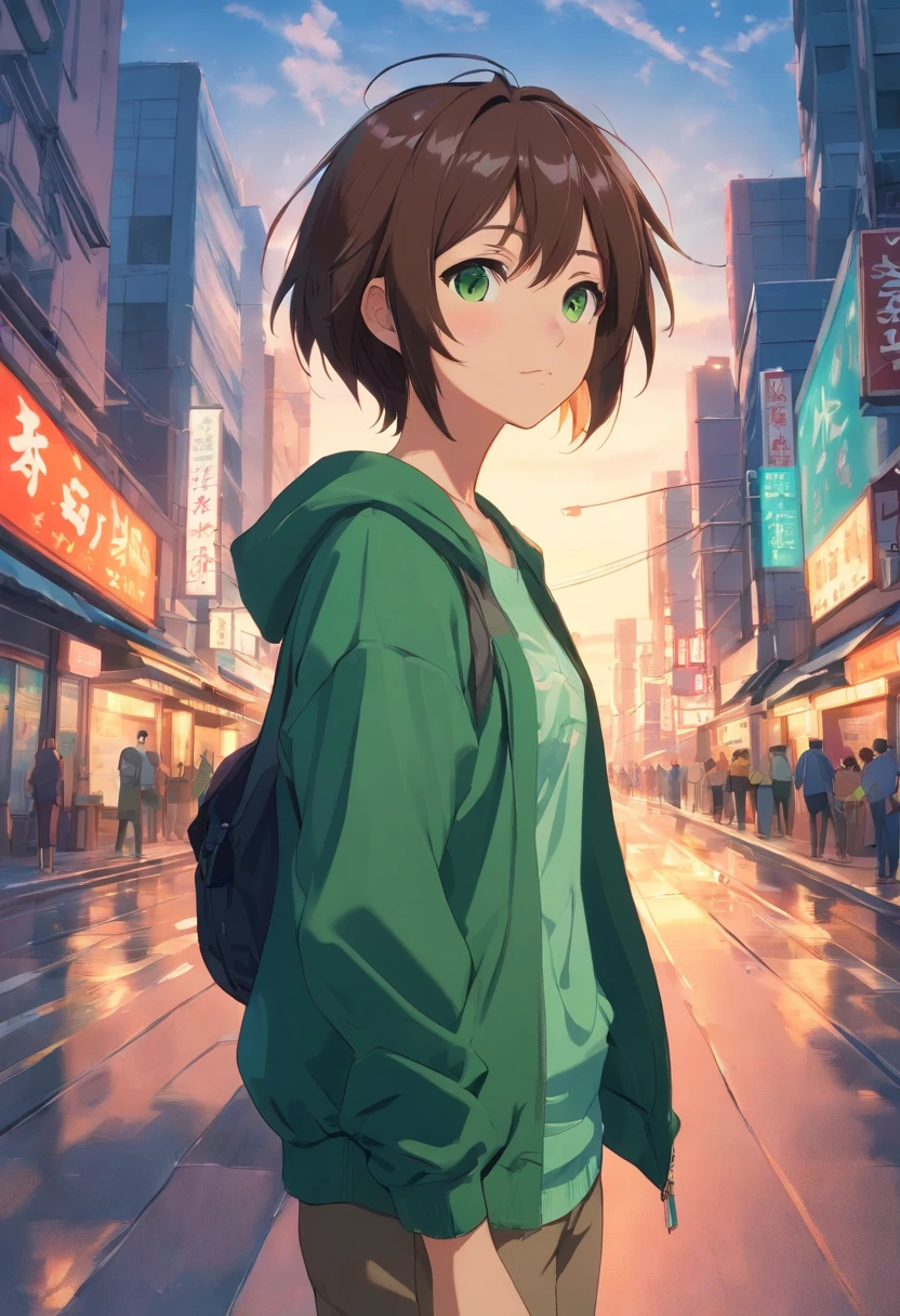 Um jovem de 20 anos, cabelo loiro, olhos verdes, usando uma jaqueta de couro vermelha e uma camiseta preta, estilo anime shonen