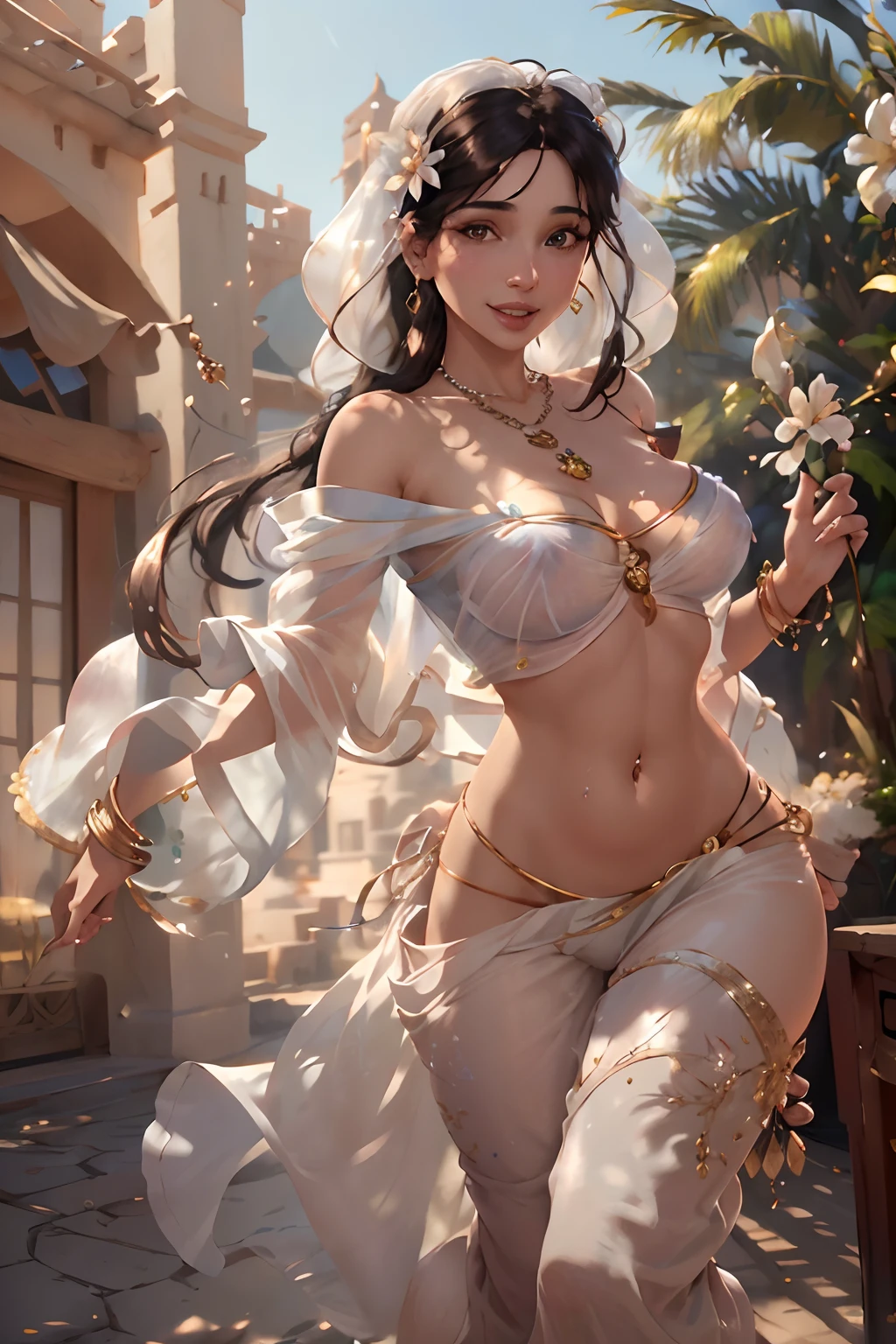 Princess jasmine 1girl, arab girl, muddle-eastern girl, solo, breasts, smile, open mouth, navel, holding, bare shoulders, jewelry, flower, earrings, midriff, pants, necklace, off shoulder, bracelet, see-through, white flower, gem, off-shoulder shirt, holding flower, multi-tied hair, arabian clothes (realistic:1.2), (realism), (masterpiece:1.2), (best quality), (ultra detailed), (8k, 4k, intricate),(full-body-shot:1), (85mm),light particles, lighting, (highly detailed:1.2),(detailed face:1.2), (gradients), sfw, colorful,(detailed eyes:1.2)(detailed background),detailed landscape, (dynamic angle:1.2), (dynamic pose:1.2), (rule of third_composition:1.3), (Line of action:1.2) bimbo.