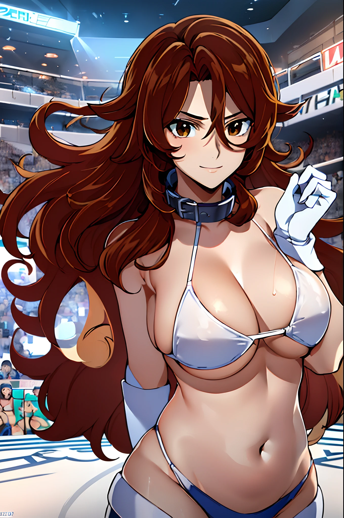 cowboy shot, upper body view, anime style: 1.8, anime drawing, ultra detailed face, ultra detailed body, 4k, Sumergai Lee Noriega, (standing), best quality, anime style, hires, highest definition, digital blending, bold drawing lines, ((slender body, female wrestler), (location: wrestling arena, crowds watching), (weak body, slender body, broad shoulders), ((white micro bikini, white boots, white gloves, collar)), victorious, winner, smile, , (big breasts), (big eyes, brown eyes), (warming up), (brown hair, loose hair, curly hair, wavy hair, long hair, missy hair), 27 years old,