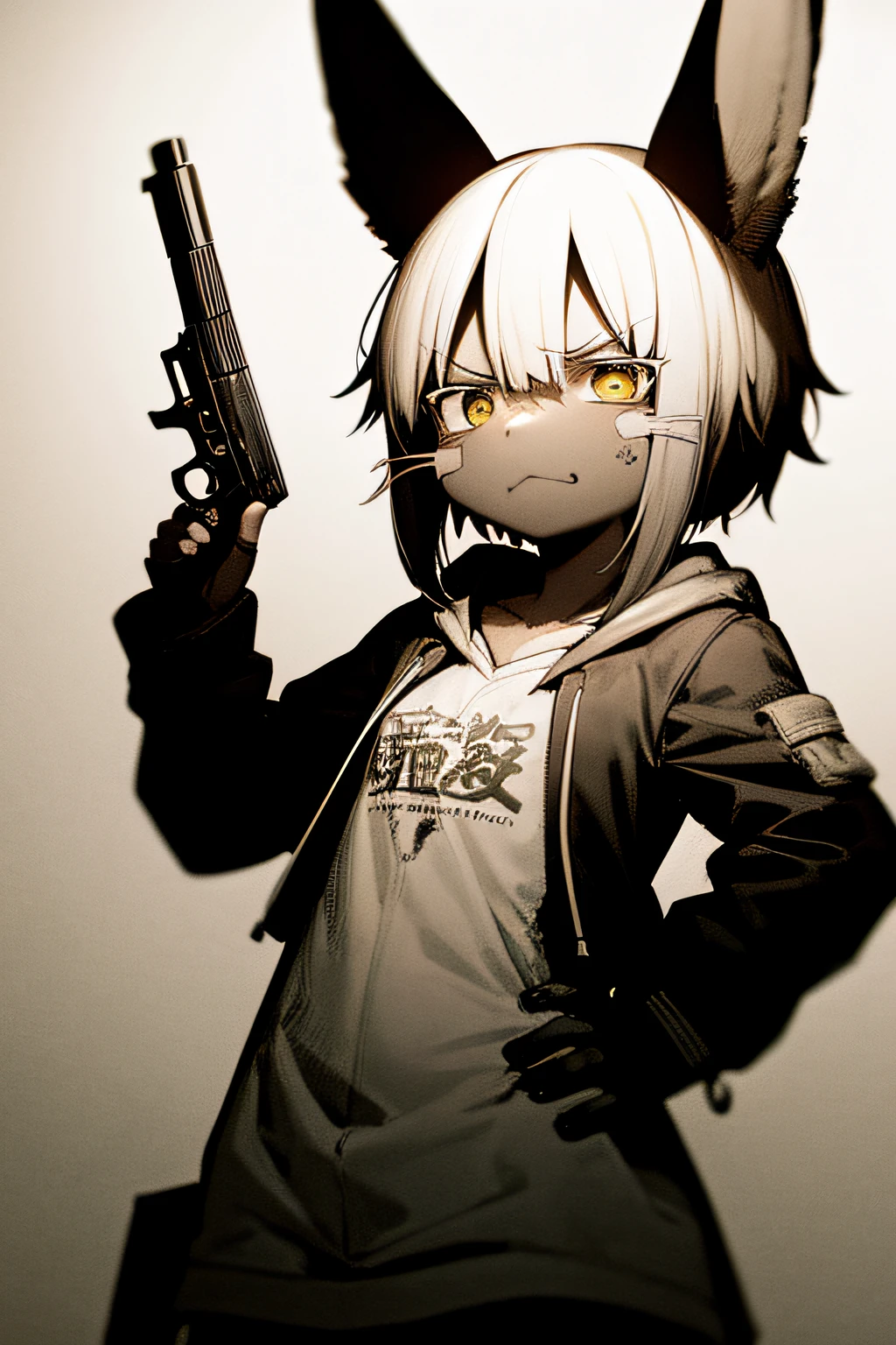 1girl, solo, furry, fluffy, brown fur, short hair, nanachi \(made in abyss\), animal ears, tail, yellow eyes, scar on face, hoodie, pistol, gun, holding a pistol, t-shirt, hand on hip, tattered clothing, patched clothing, tattered shirt, withered clothing >:), angry, mad, standing