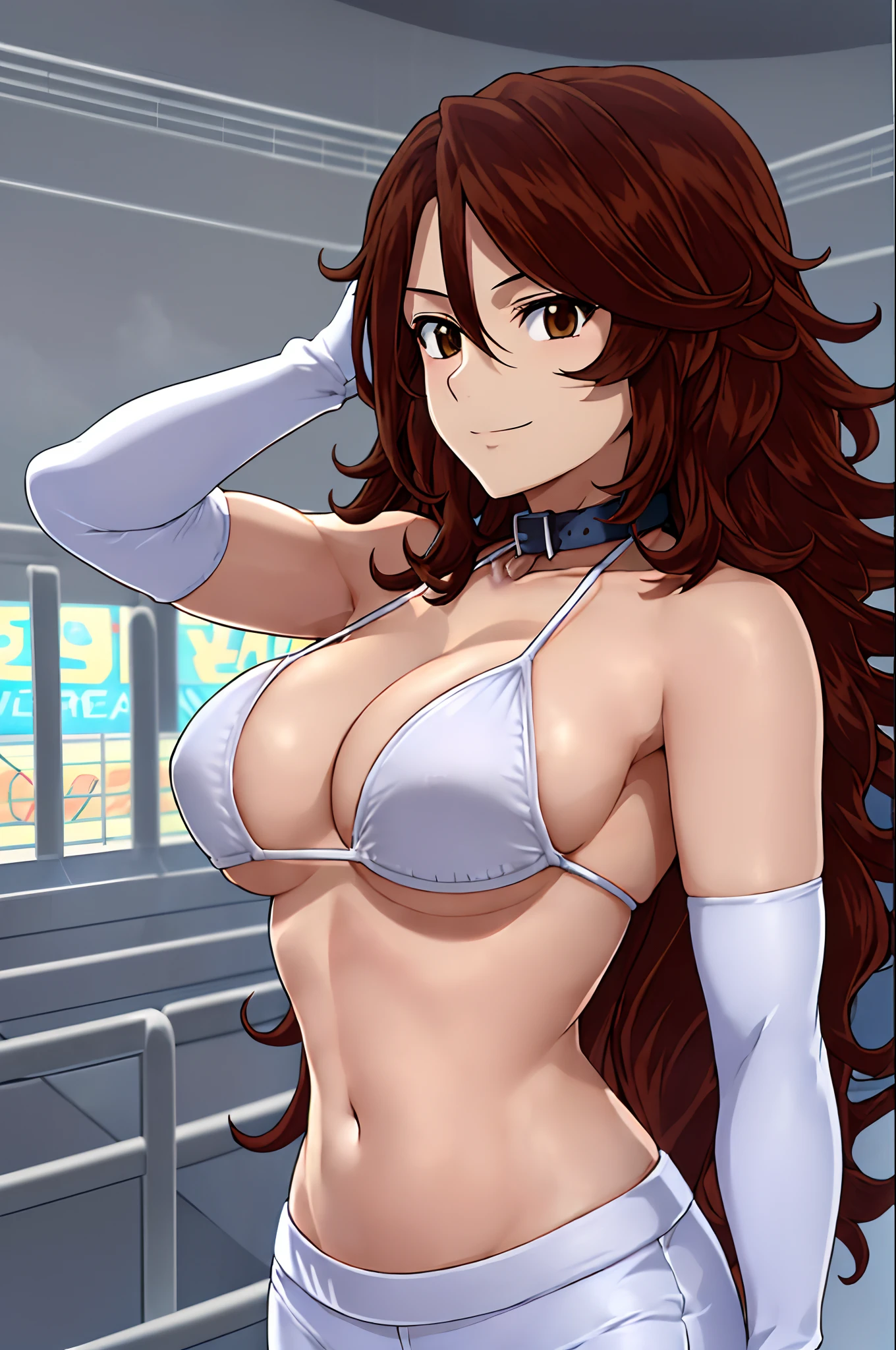 cowboy shot, upper body view, anime style: 1.8, anime drawing, ultra detailed face, ultra detailed body, 4k, Sumergai Lee Noriega, (standing), best quality, anime style, hires, highest definition, digital blending, bold drawing lines, ((slender body, female wrestler), (location: wrestling arena, crowds watching), (weak body, slender body, broad shoulders), ((white micro bikini top, long pants, white boots, white gloves, collar)), victorious, winner, smile, , (big breasts), (big eyes, brown eyes), (warming up), (brown hair, loose hair, curly hair, wavy hair, long hair, missy hair), 27 years old,