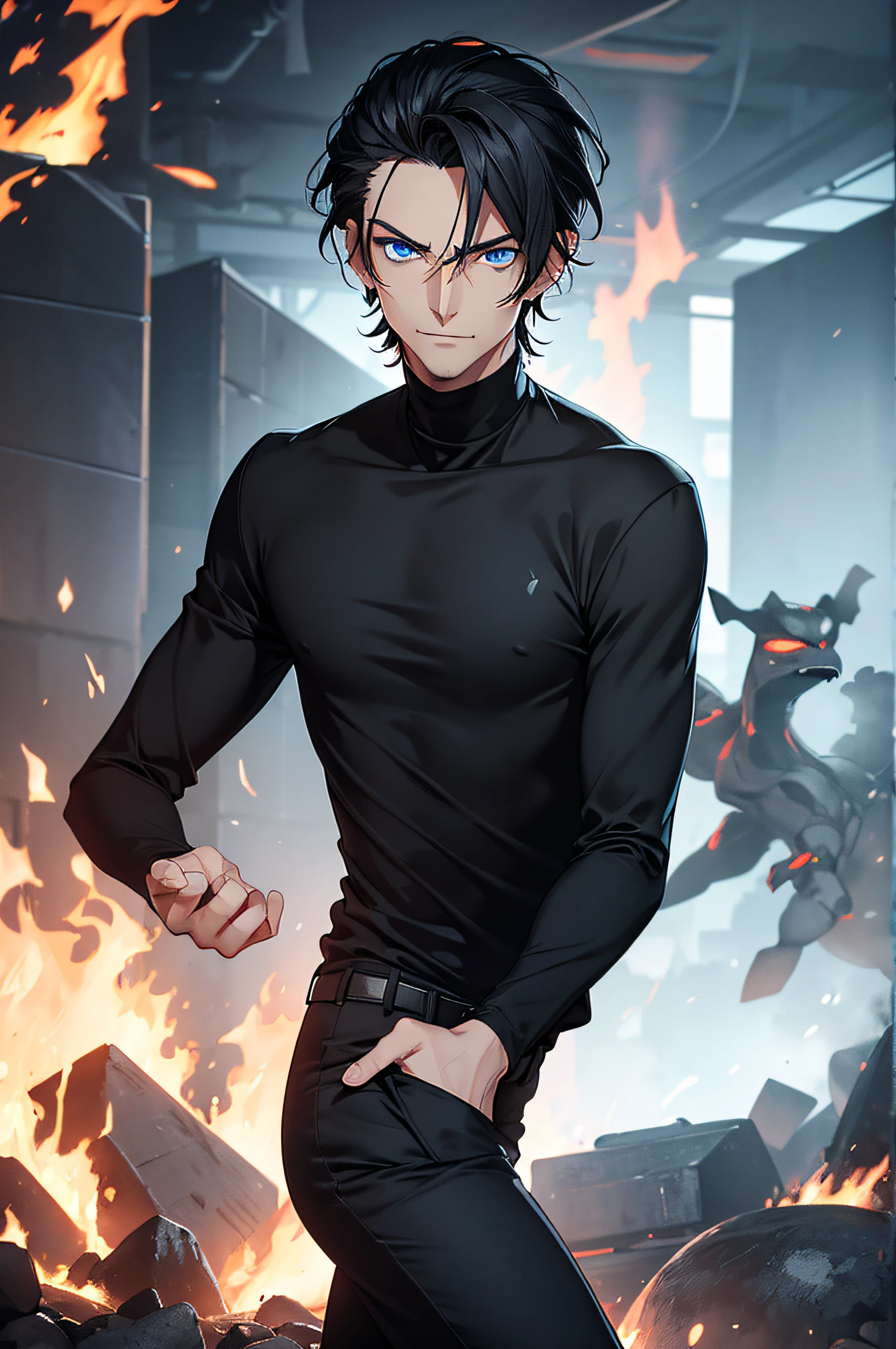 tall man wearing black turtle neck tshirt and trousers , surrounded by fire and has obnoxious expression , walking, defined blue eyes face close up
