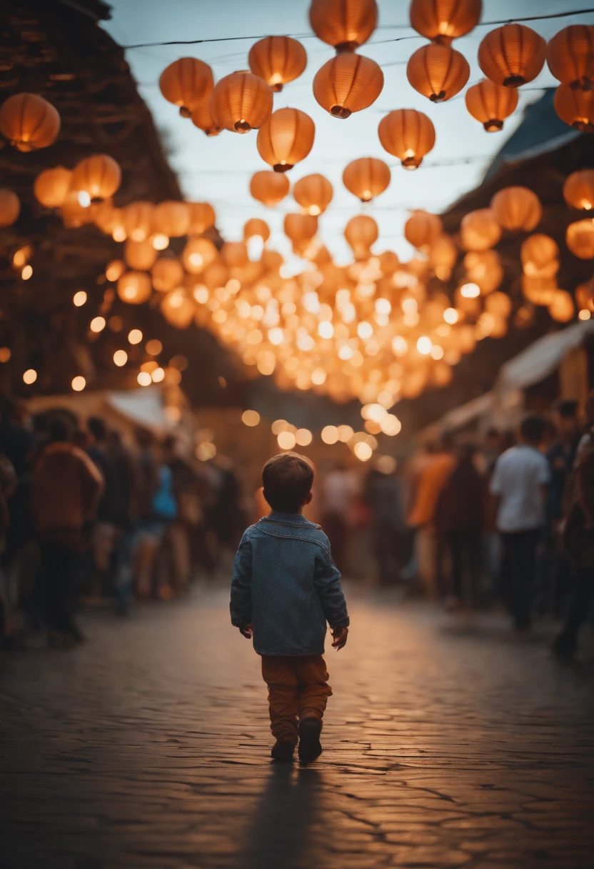 (Masterpiece) Create an ultrarealistic photography of a extremely cute and cheerful young boy holding glowing flying paper lanterns, unreal engine, 85 mm, intimate, flying lanterns festival, flying colorful lanterns, crowded, families, wonder, amazing, funny, cinematic, 8k, evening, back view, stock photo, success on Instagram.
