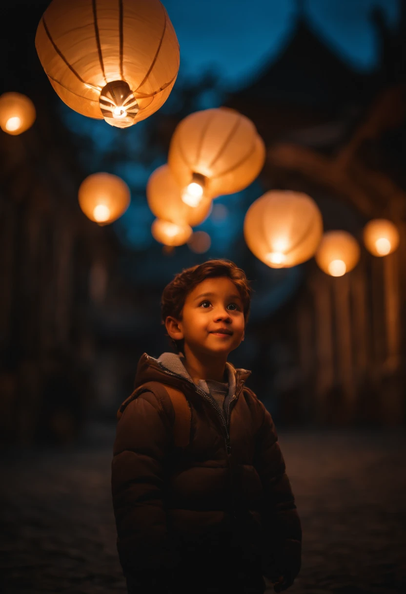 (Masterpiece) Create an ultrarealistic photography of a extremely cute and cheerful young boy holding glowing flying paper lanterns, unreal engine, 85 mm, intimate, flying lanterns festival, flying colorful lanterns, crowded, families, wonder, amazing, funny, cinematic, 8k, evening, back view, stock photo, success on Instagram.