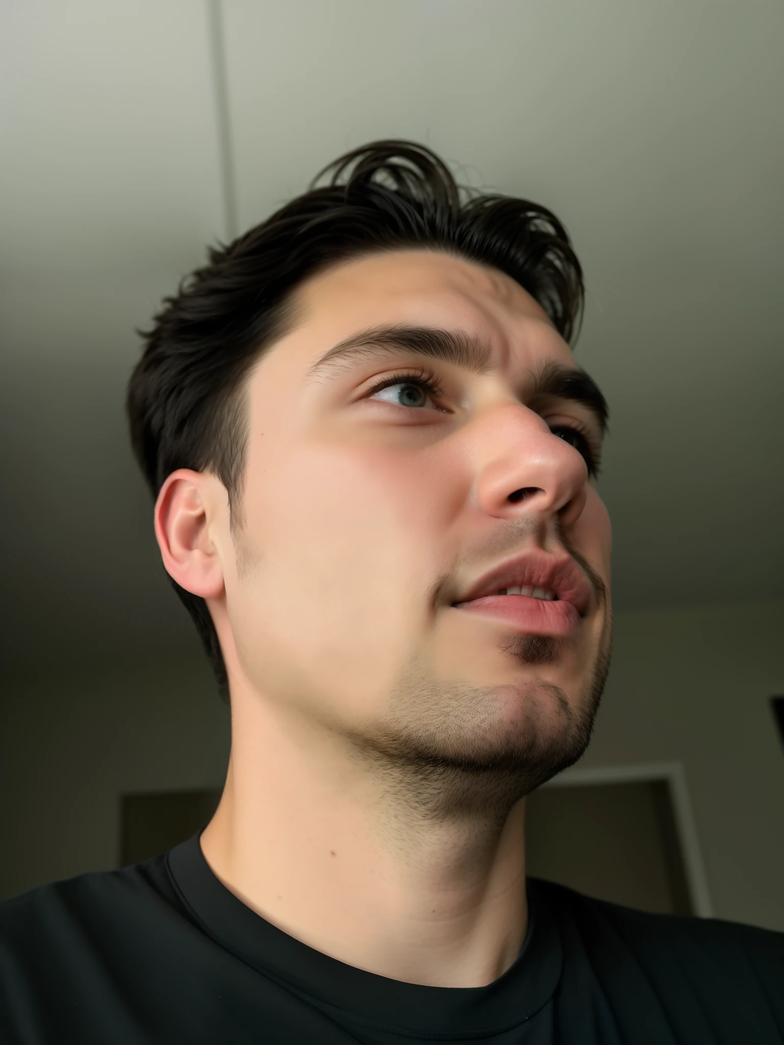 there is a man that is looking up at something, 2 7 years old, 2 8 years old, 2 9 years old, with a pointed chin, looking away from camera, clean shaven wide face, fine pointy chin, headshot profile picture, 4 0 years old man, clean shaven face, 3 2 years old, 8k selfie photograph, with no beard