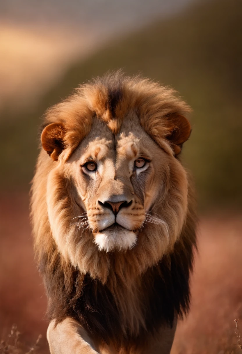 Blood Lion, comiendo carne fresca, caminando sobre la hierba, con un atardecer de fondo, cuerpo entero, lion's mane
